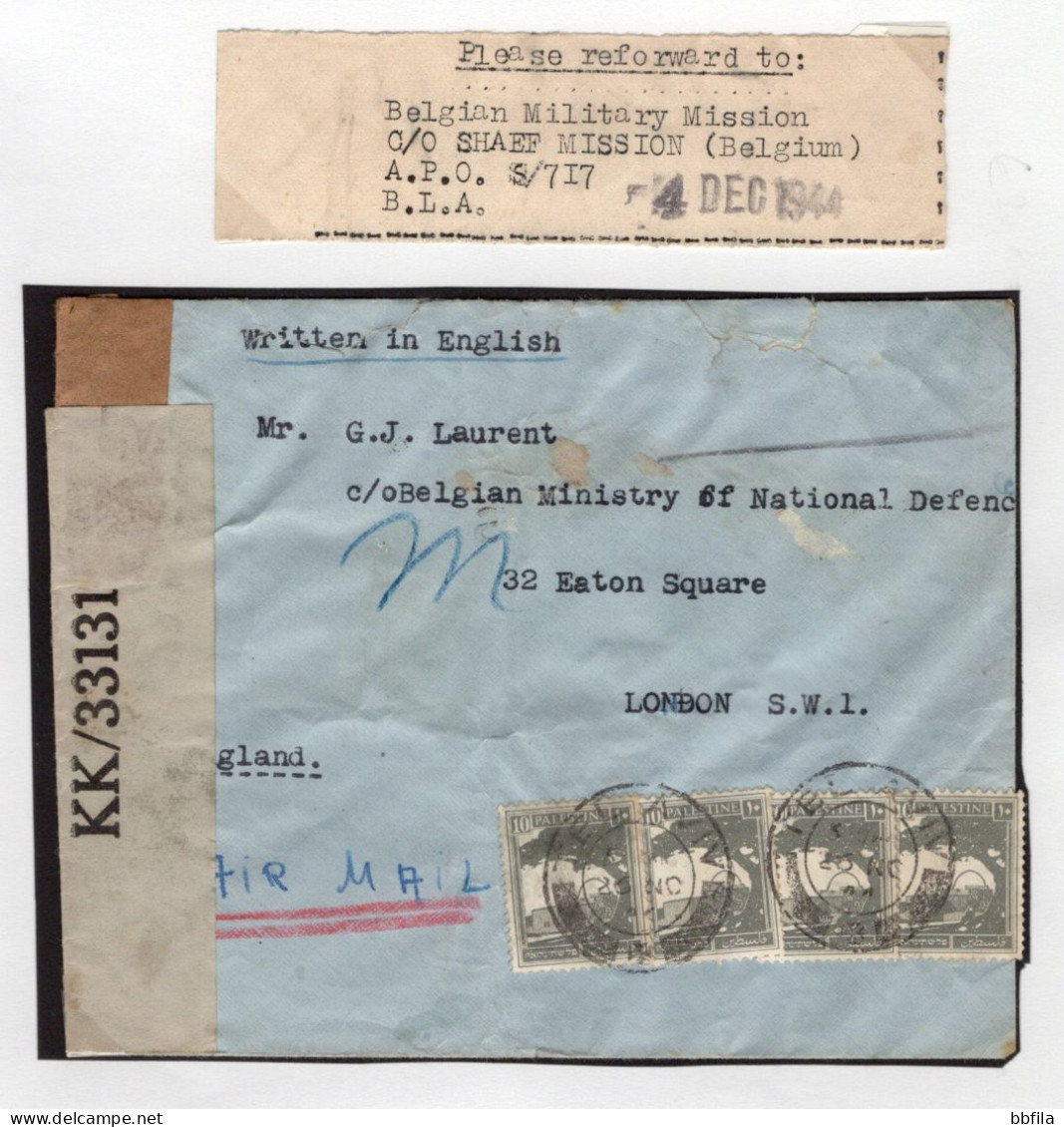 PALESTINE Air Censor Cover 1944 Tel Aviv To Ministry OfDefence Of Belgium In London And Forwarded - Palästina