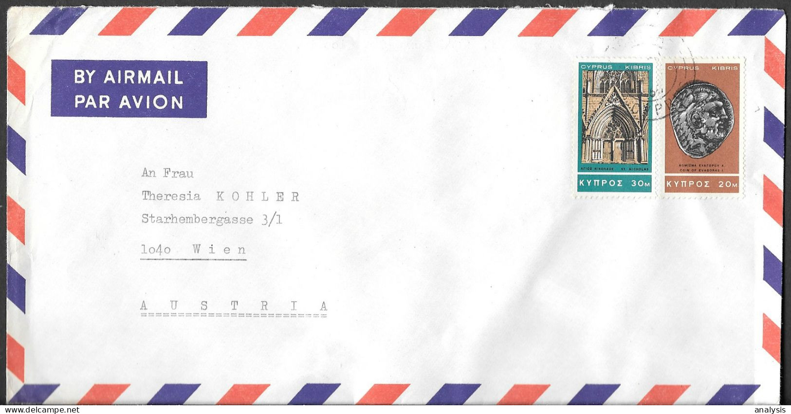 Cyprus Cover Mailed To Austria 1968. 50M Rate Coin Of Evagoras Church Of St. Nicholas Stamps - Briefe U. Dokumente