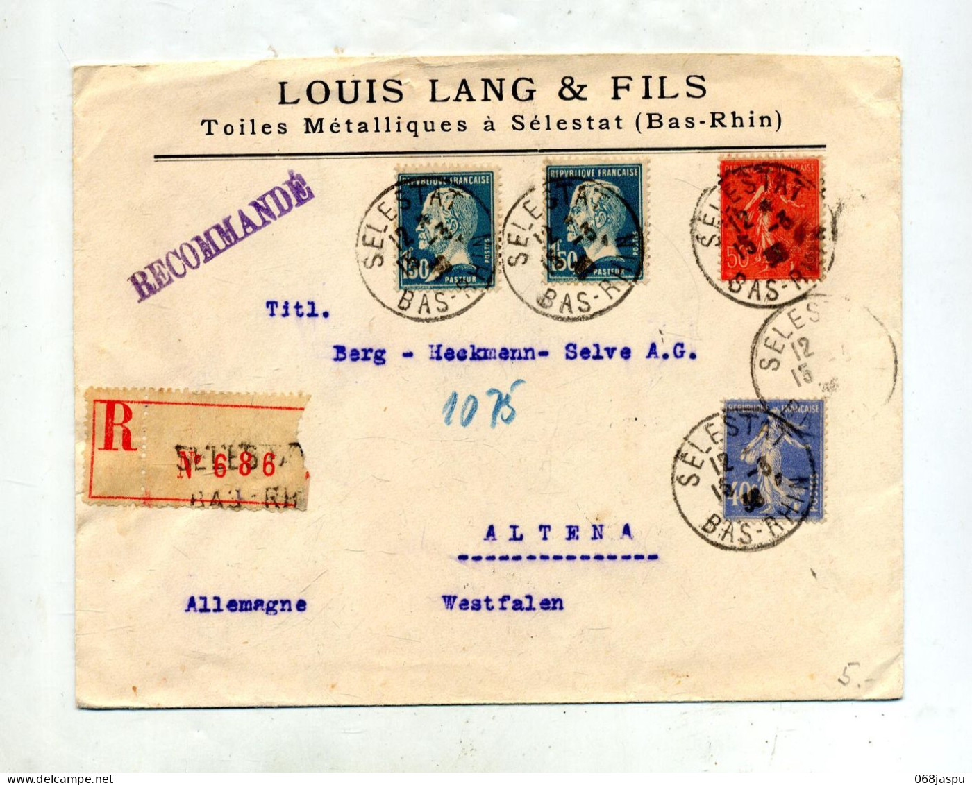 Lettre Recommandée Selestat Sur Semeuse Pasteur - Manual Postmarks