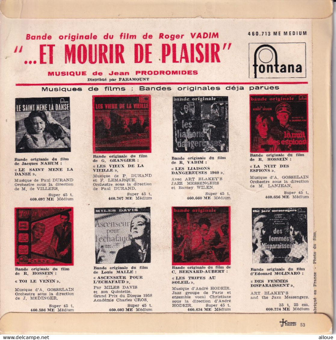 "...ET MOURIR DE PLAISIR - BO DU FILM DE VADIM - FR EP - MUSIQUE DE JEAN PRODROMIDES - Musique De Films