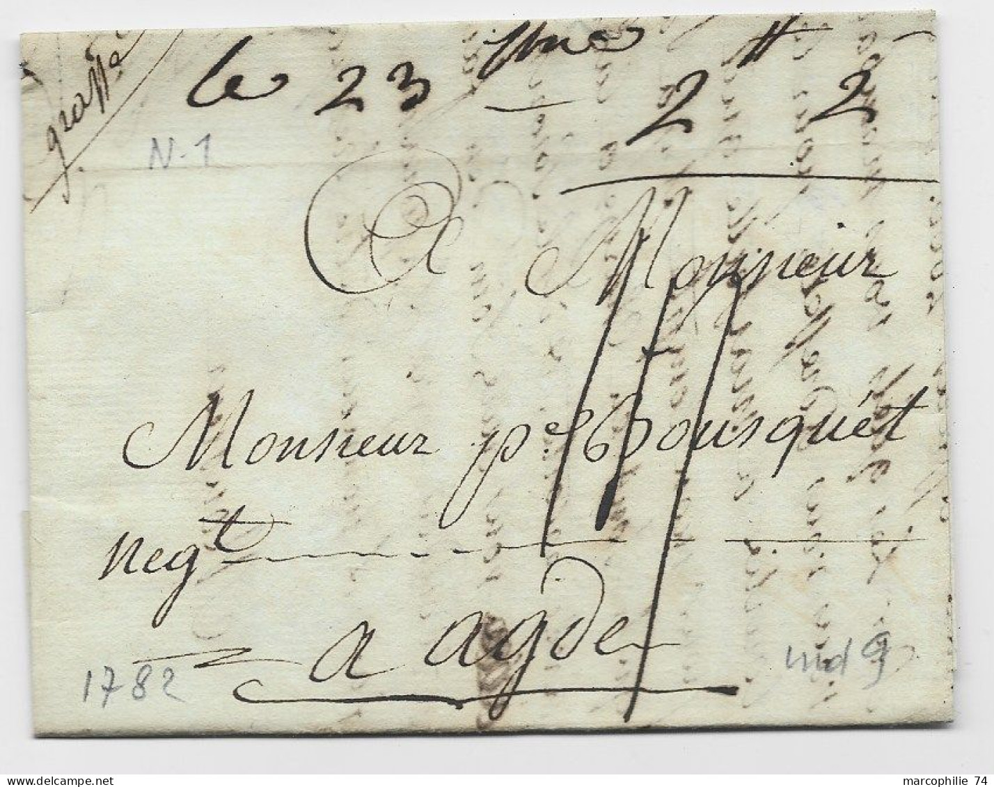 ALPES MARITIMES MARQUE MANUSCRITE GRASSE 1782  LETTRE POUR AGDE HERAULT - 1701-1800: Precursori XVIII