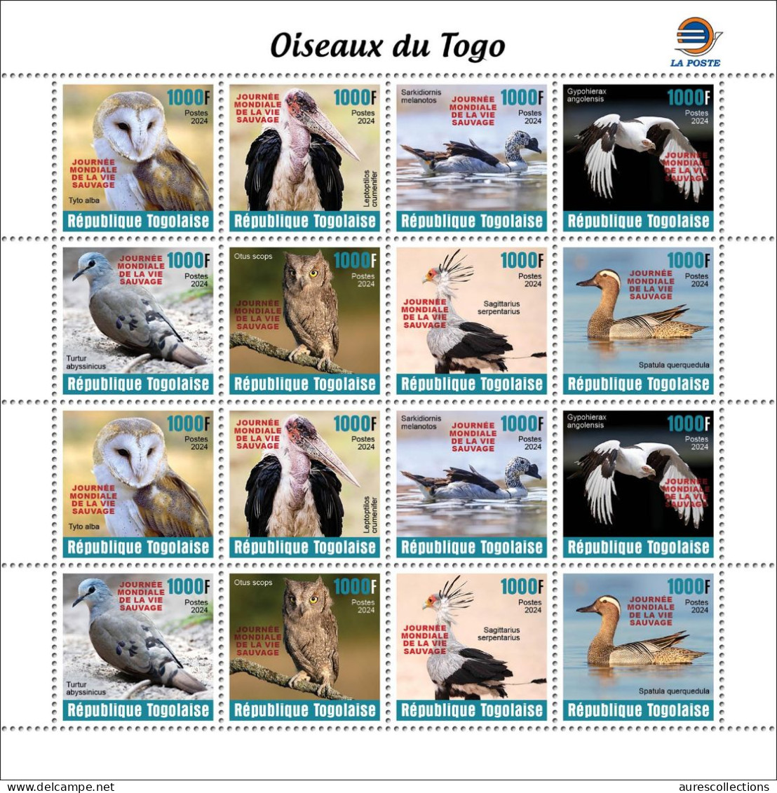 TOGO 2024 PACK MS 8V & 16V - REG & OVERPRINT - BIRDS - DUCK DUCKS BARN OWL OWLS SECRETARY EAGLES EAGLE DOVES - MNH - Owls