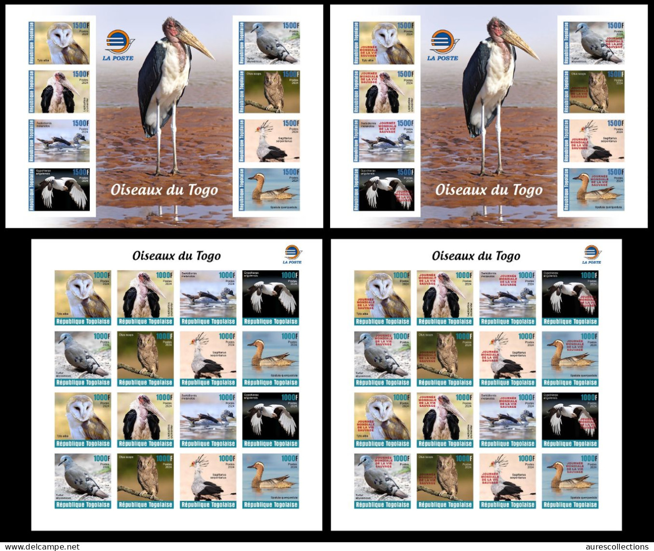 TOGO 2024 PACK MS 8V & 16V IMPERF - REG & OVERPRINT - BIRDS DUCK DUCKS BARN OWL OWLS SECRETARY EAGLES EAGLE DOVES - MNH - Gufi E Civette