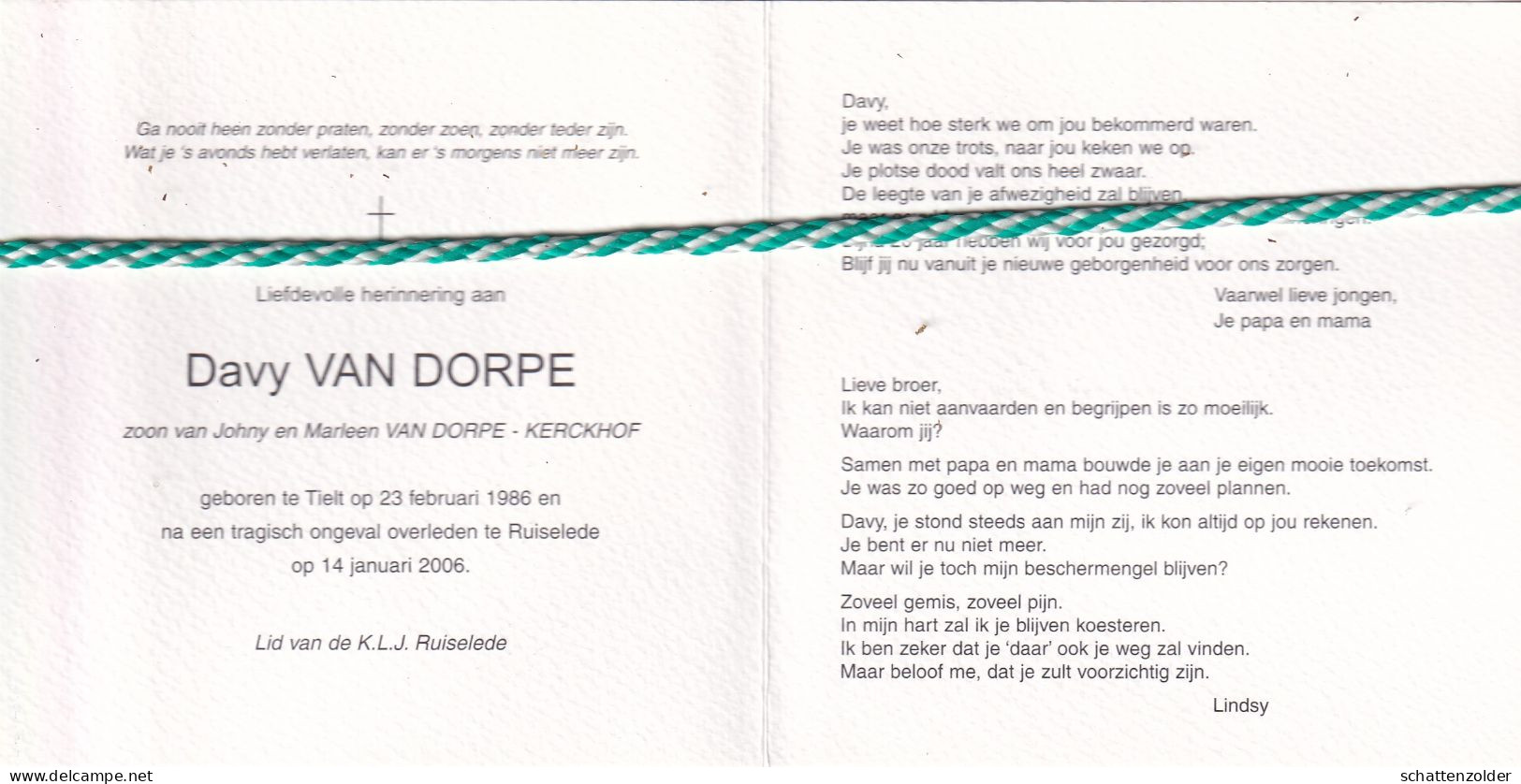 Davy Van Dorpe, Tielt 1986, Ruiselede 2006. Foto - Obituary Notices