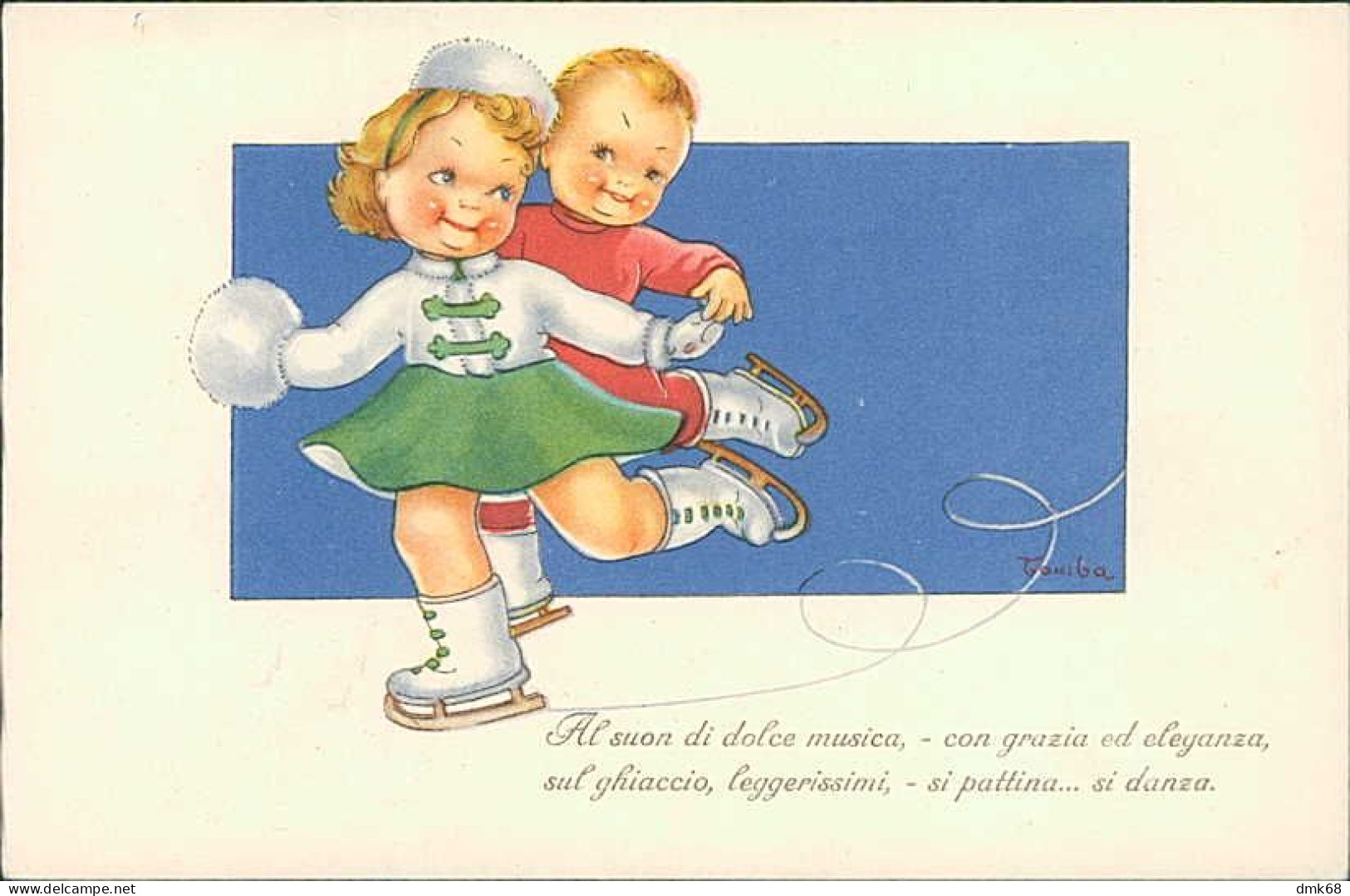 MARIA PIA FRANZONI TOMBA SIGNED 1940s POSTCARD - SPORT - CHILDREN & ICE-SKATING  (5714) - Autres & Non Classés