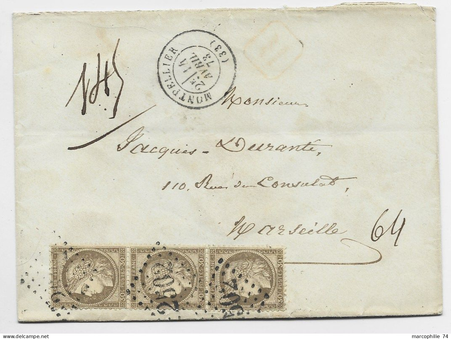 FRANCE 30C CERES BANDE DE 3 LETTRE COVER REC GC 2502 MONTPELLIER 14 AVRIL 1873 - 1849-1876: Klassik