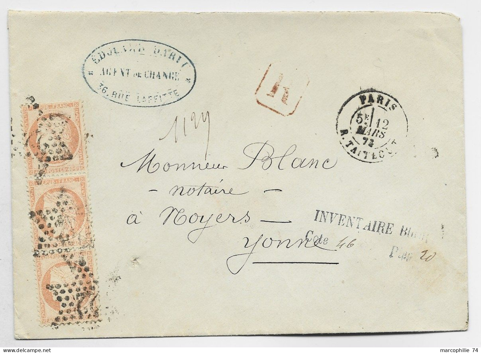 FRANCE 40C SIEGE BANDE DE 3 LETTRE COVER ETOILE 22 PARIS R TAITBOUT 12 MARS 1873 POUR YONNE - 1849-1876: Klassieke Periode