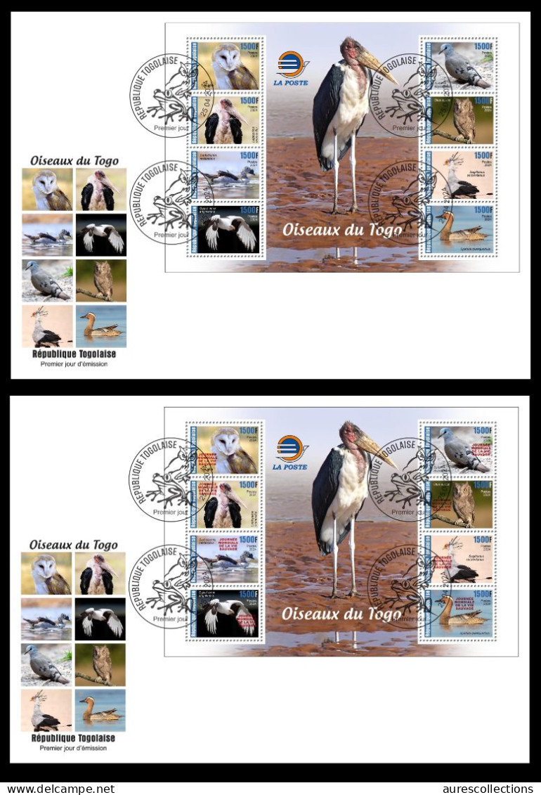 TOGO 2024 FDC MS 8V - REG & OVERPRINT - BIRDS OISEAUX - DUCK DUCKS BARN OWL OWLS SECRETARY BIRD EAGLES DOVES - Uilen