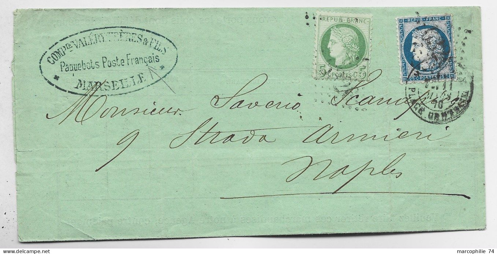 FRANCE CERES 5C+25C LETTRE COVER  COMPAGNIE MARITIME GC 2240 MARSEILLE 1876 POUR NAPLES NAPOLI - 1849-1876: Période Classique