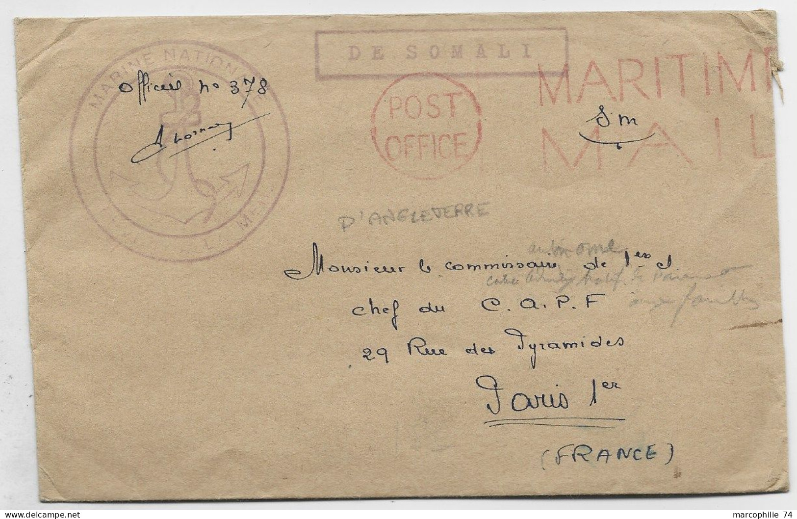 ENGLAND LETTRE COVER MEC MARITIME MAIL POST + DE SOMALI MARINE NATIONALE A LA MER POUR PARIS - Naval Post