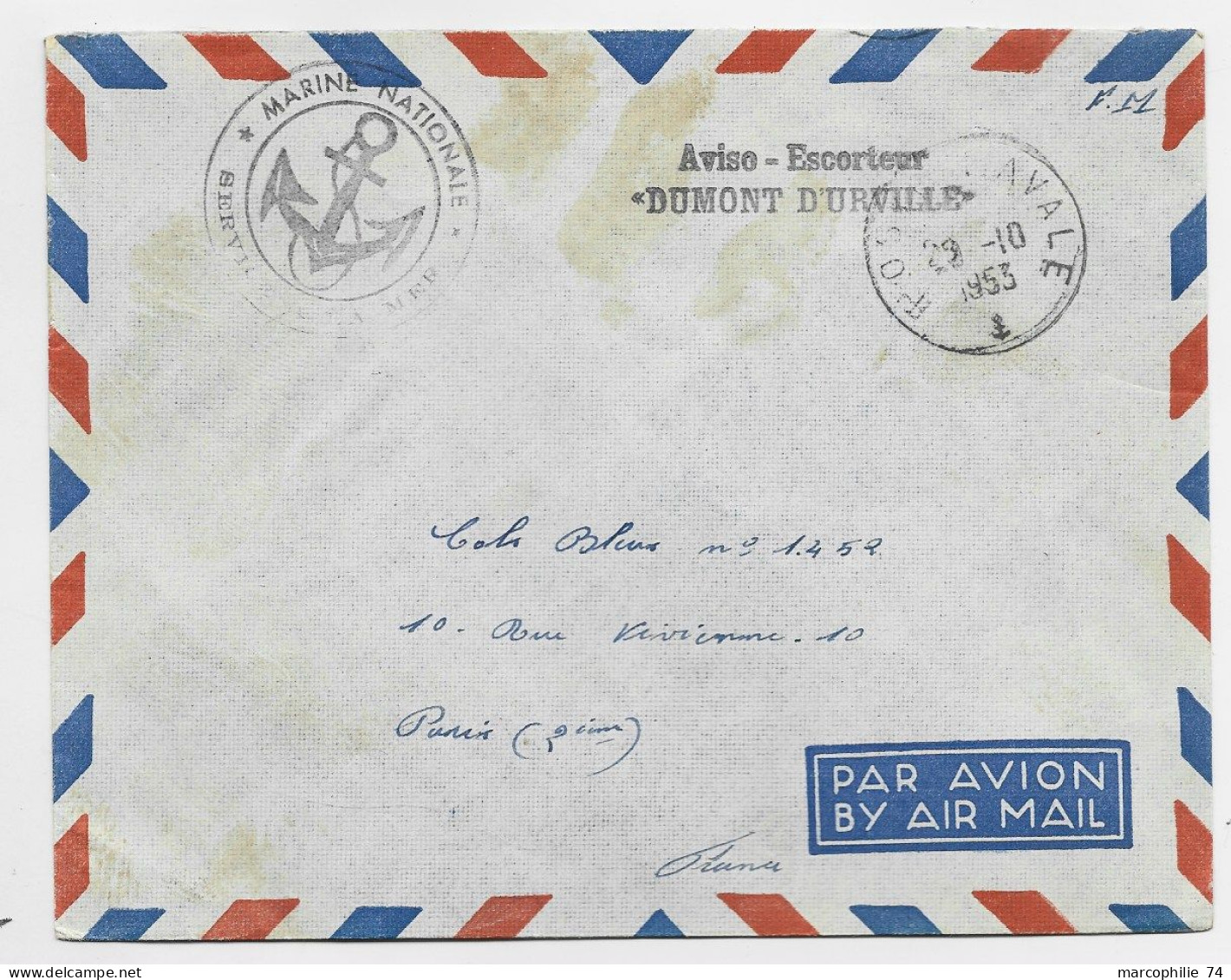 LETTRE FM POSTE NAVALE 1953 + GRIFFE AVISO ESCORTEUR DUMONT D'URVILLE + MARINE NATIONALE - Scheepspost