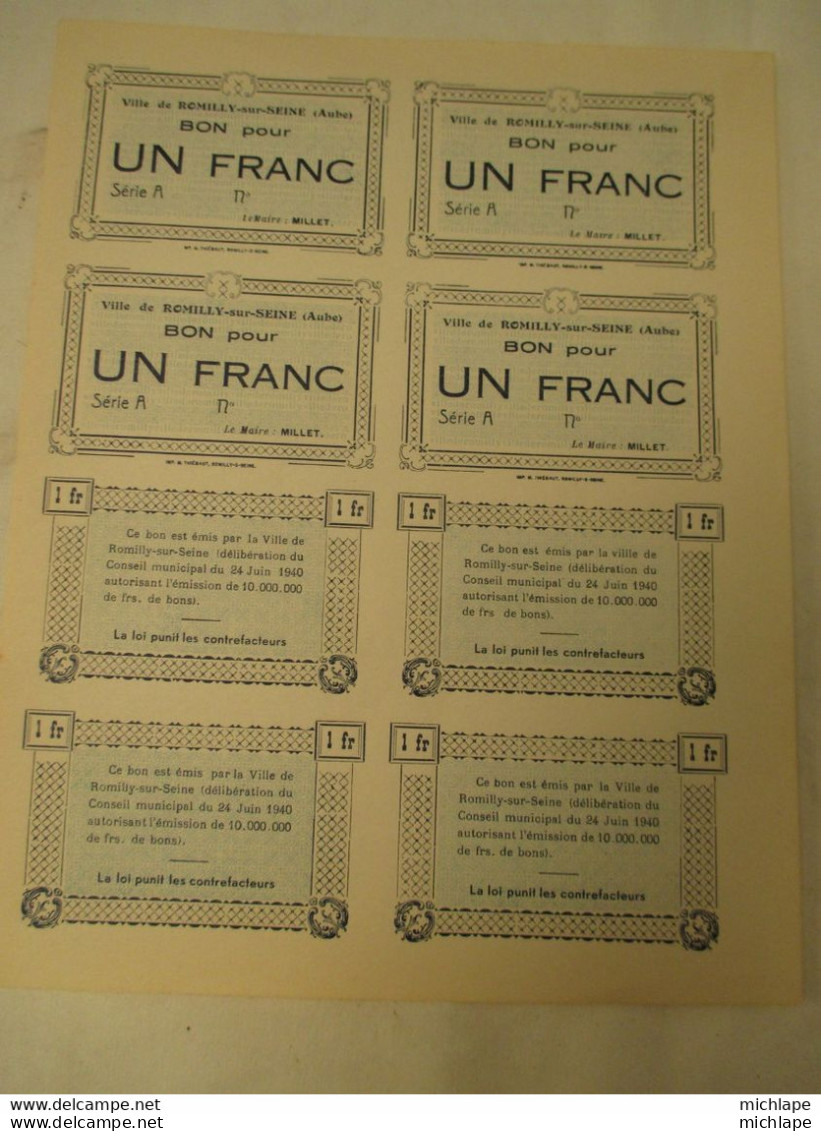 Planche  De  Billets  De  1 Franc  De La Ville De Romilly Sur Seine -1940 - état Neuf - Bonos