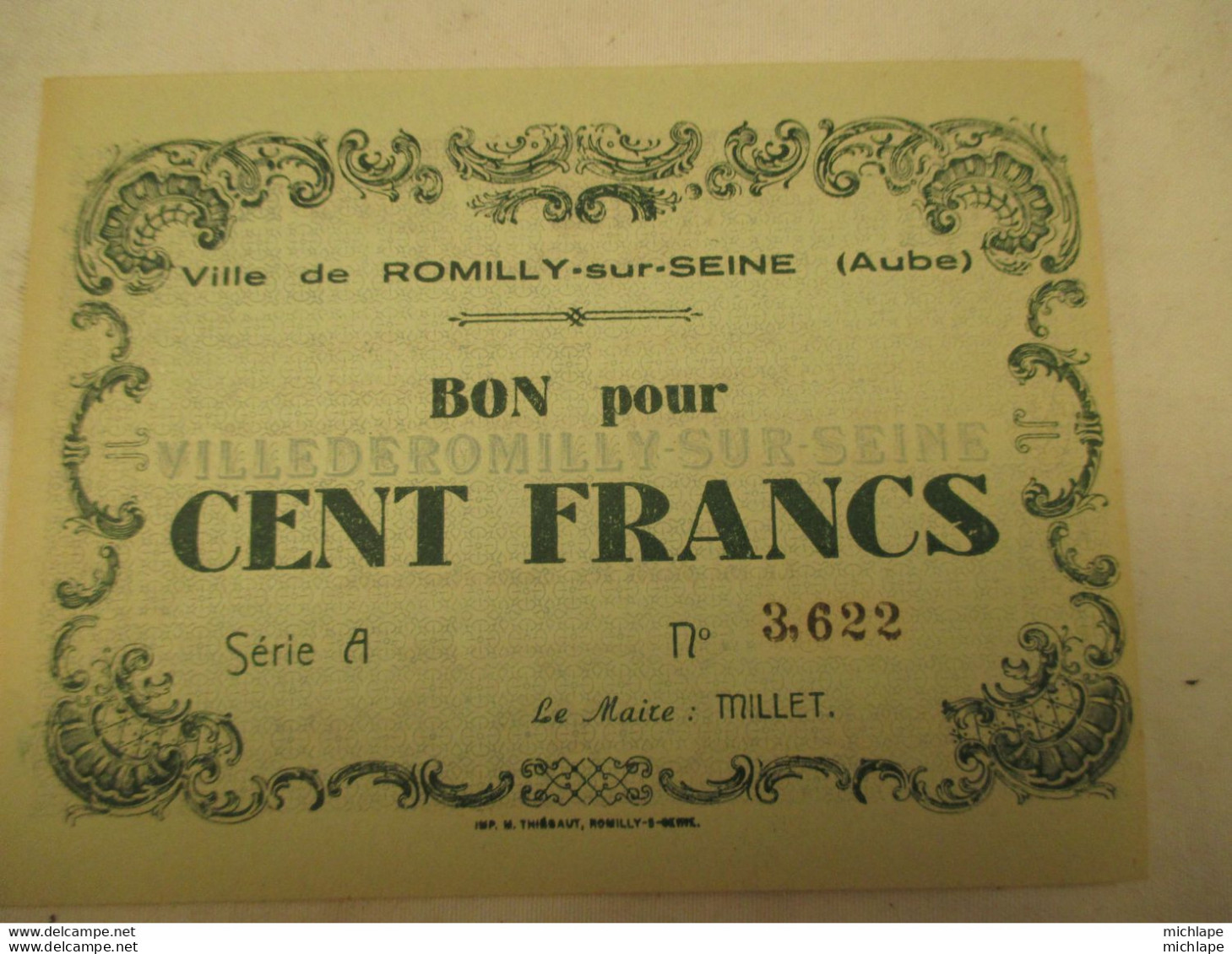 Billet De Necessité De 100 Francs 1940 De La Ville De Romilly Sur Seine Etat Neuf - Notgeld