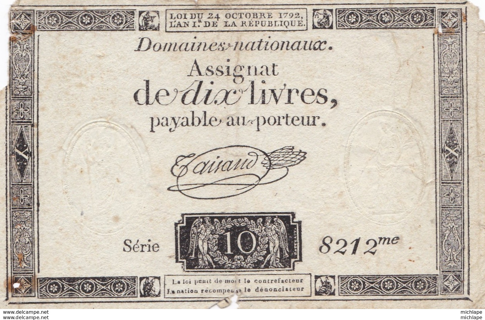 Assignat De 10 Livres  Vendu En L'etat - Assignate