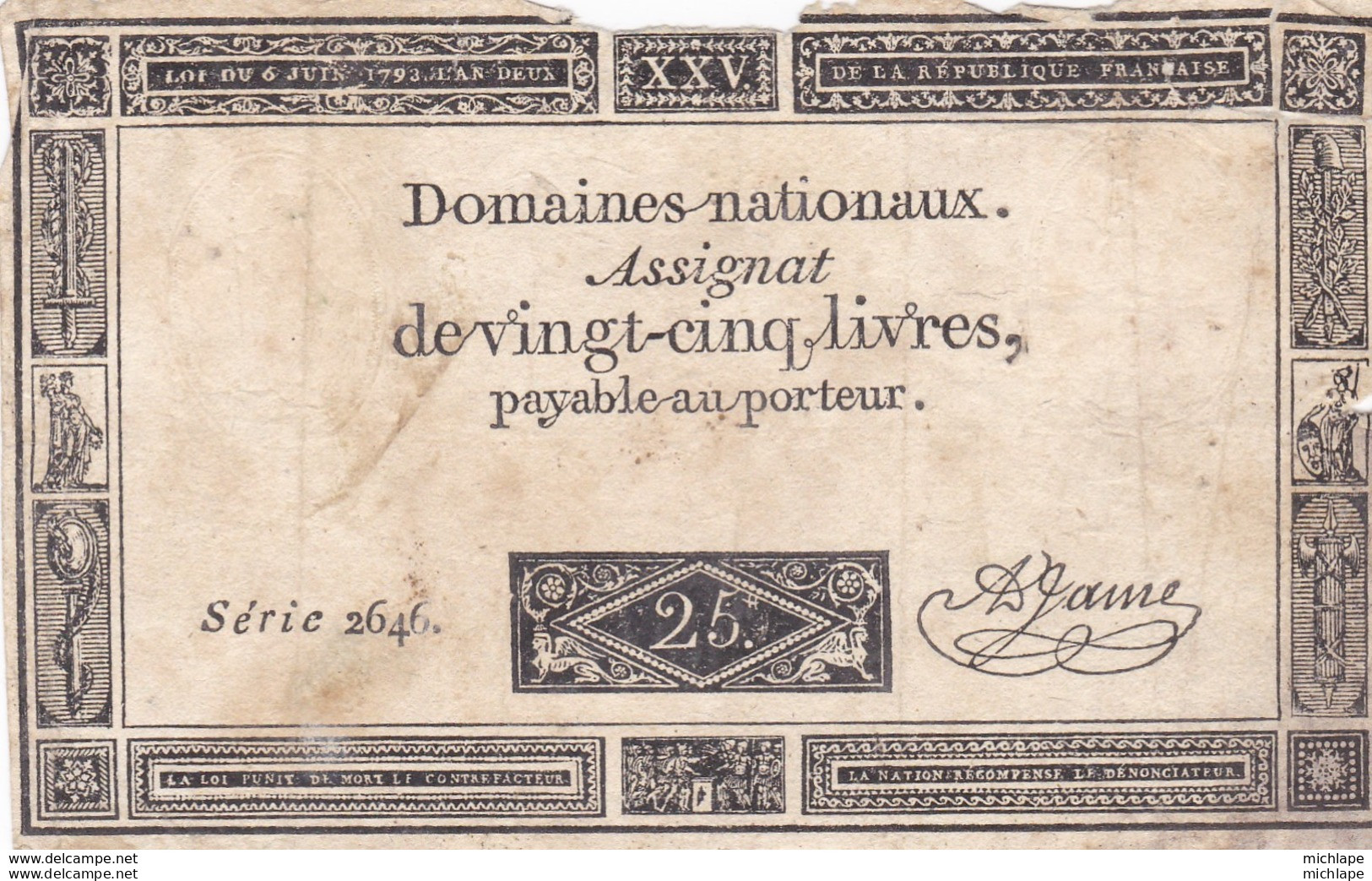 Assignat De 25 Livres  Vendu En L'etat - Assignate