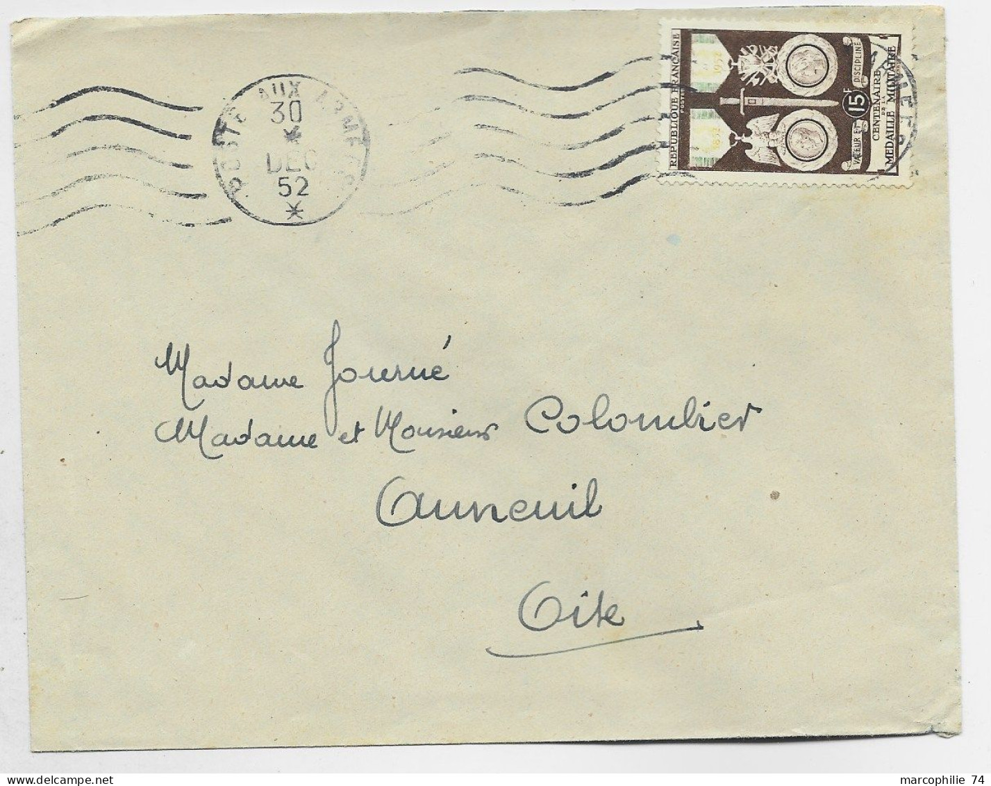 FRANCE 15FR MEDAILLE MILITAIRE SEUL LETTRE MEC RBV POSTE AUX ARMEES 30 DEC 1952 - Bolli Militari A Partire Dal 1900 (fuori Dal Periodo Di Guerra)