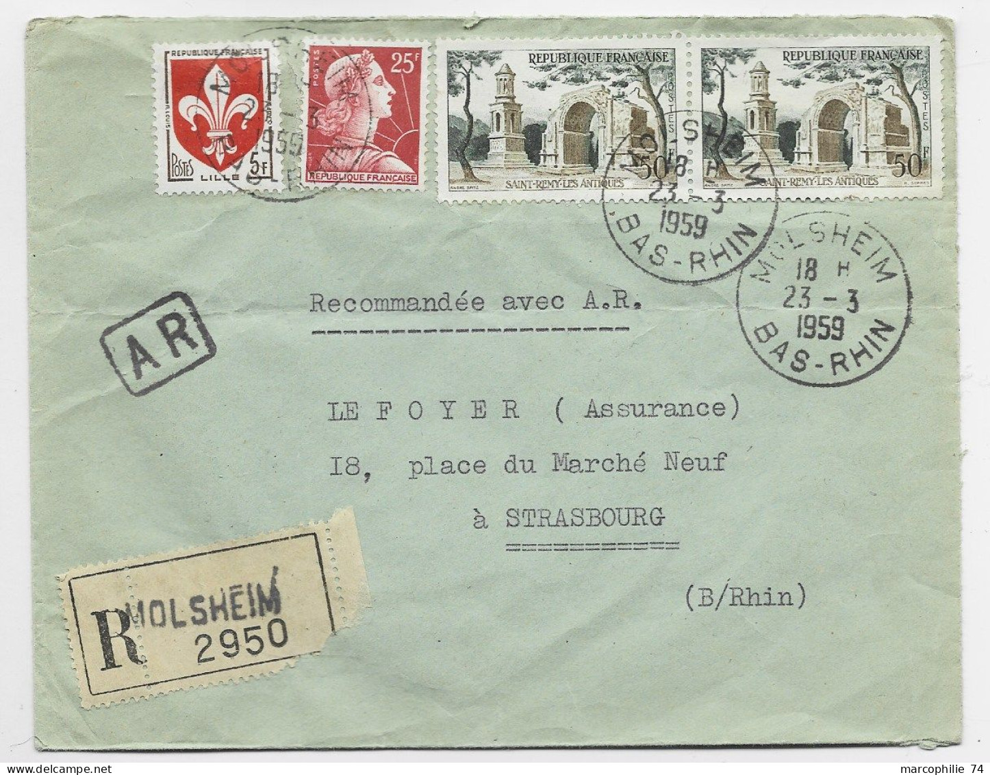 FRANCE 50FR ST REMYX2+25FR MULLER +5FR BLASON LETTRE REC AR MOLSHEIM 23.3.1959 BAS RHIN - 1921-1960: Modern Period