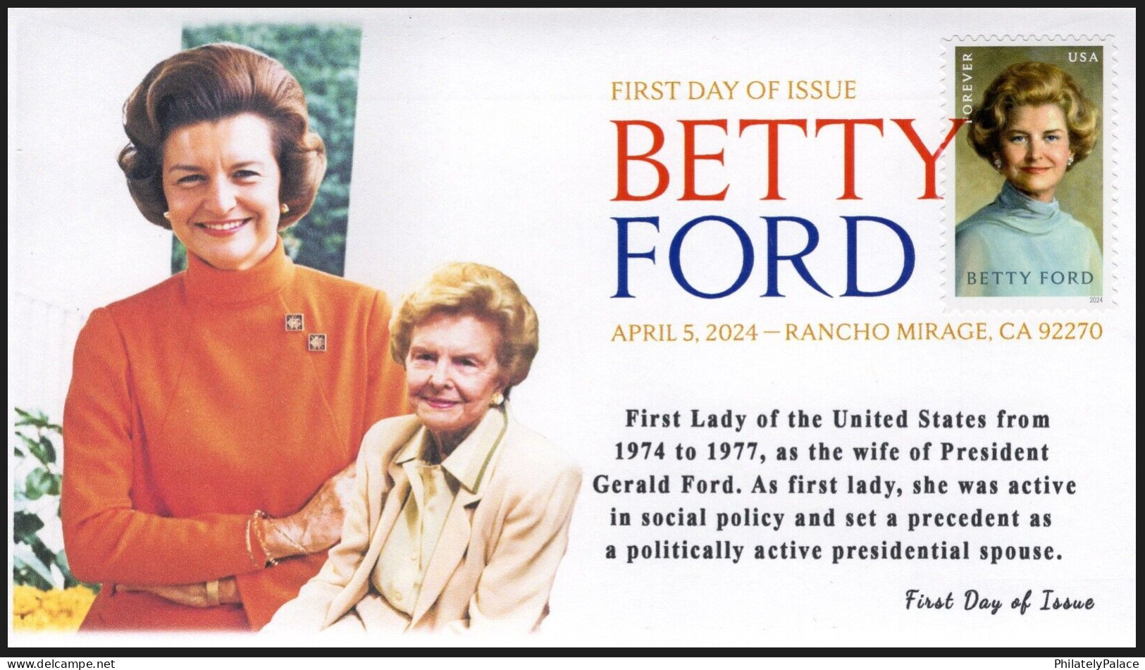 USA 2024 Betty Ford,Wife Of President Gerald Ford,Health,Breast Cancer Awareness,First Lady,(1918-2011) FDC (**) - Briefe U. Dokumente