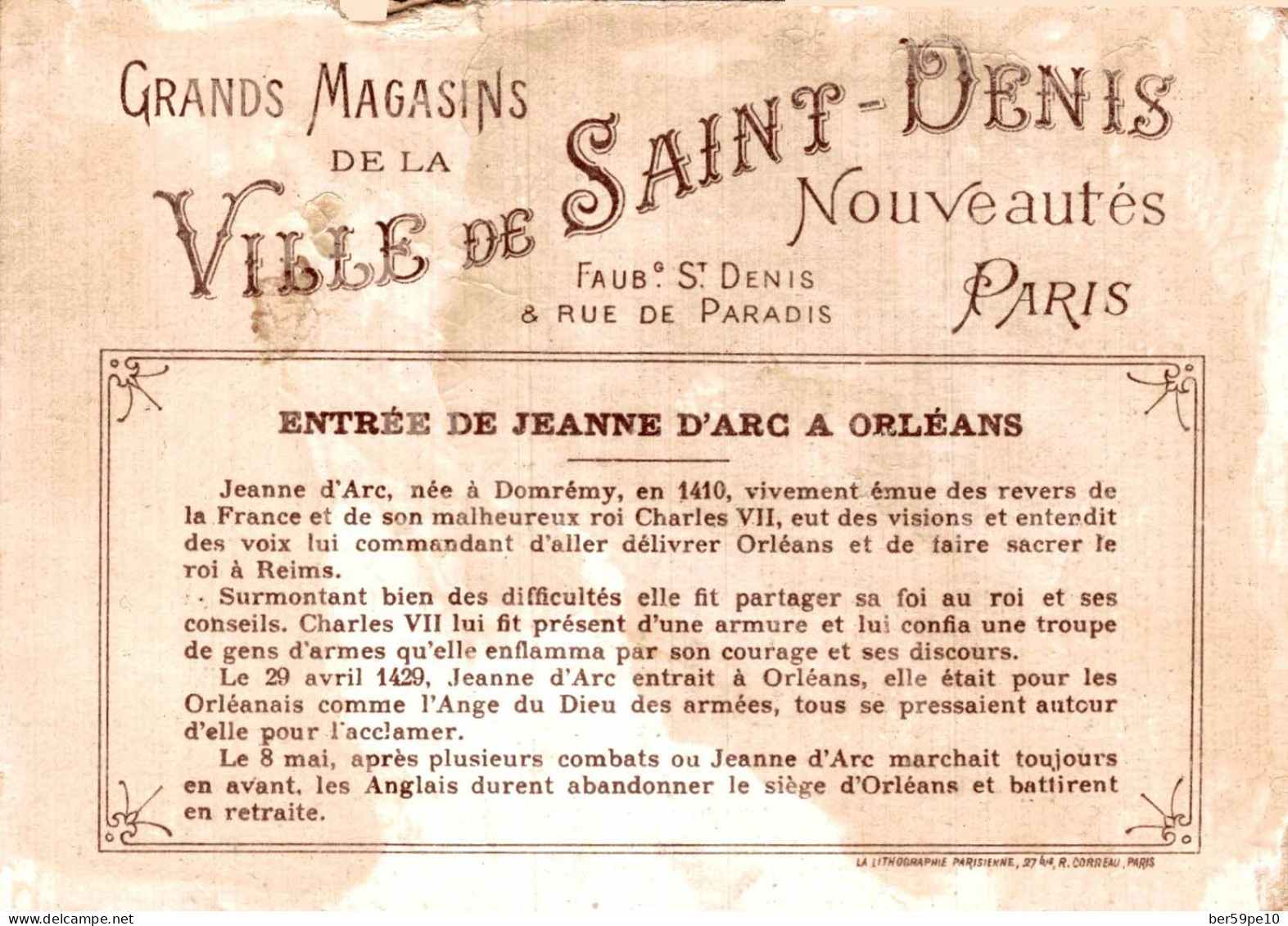 CHROMO A LA VILLE DE SAINT DENIS  MAGASINS DE NOUVEAUTES PARIS  ENTREE DE JEANNE D'ARC A ORLEANS - Other & Unclassified