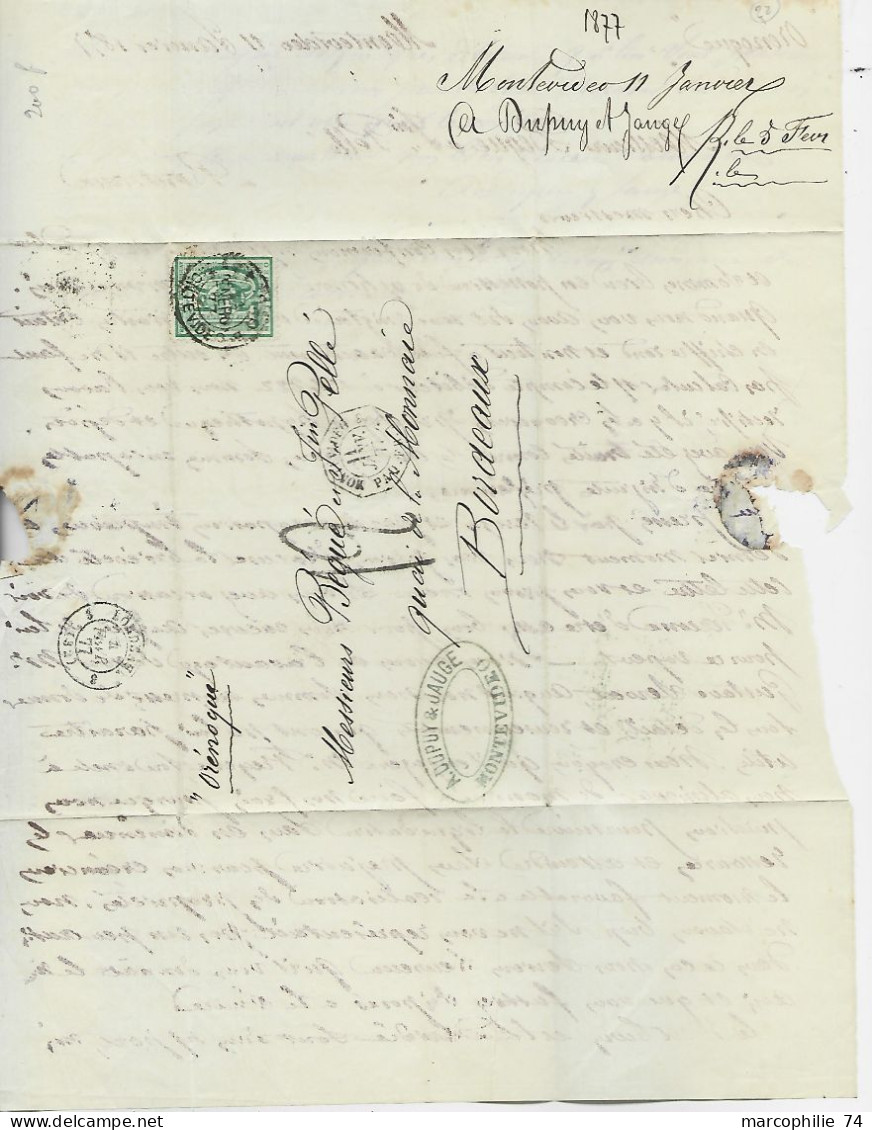 URUGUAY 10C SEUL SOLO LETTRE COVER MONTEVIDEO 1877 + CACHET OGTOG MONTEVIDEO PAQ FR J N°3 TO BORDEAUX TAXE 12 TAMPON - Uruguay