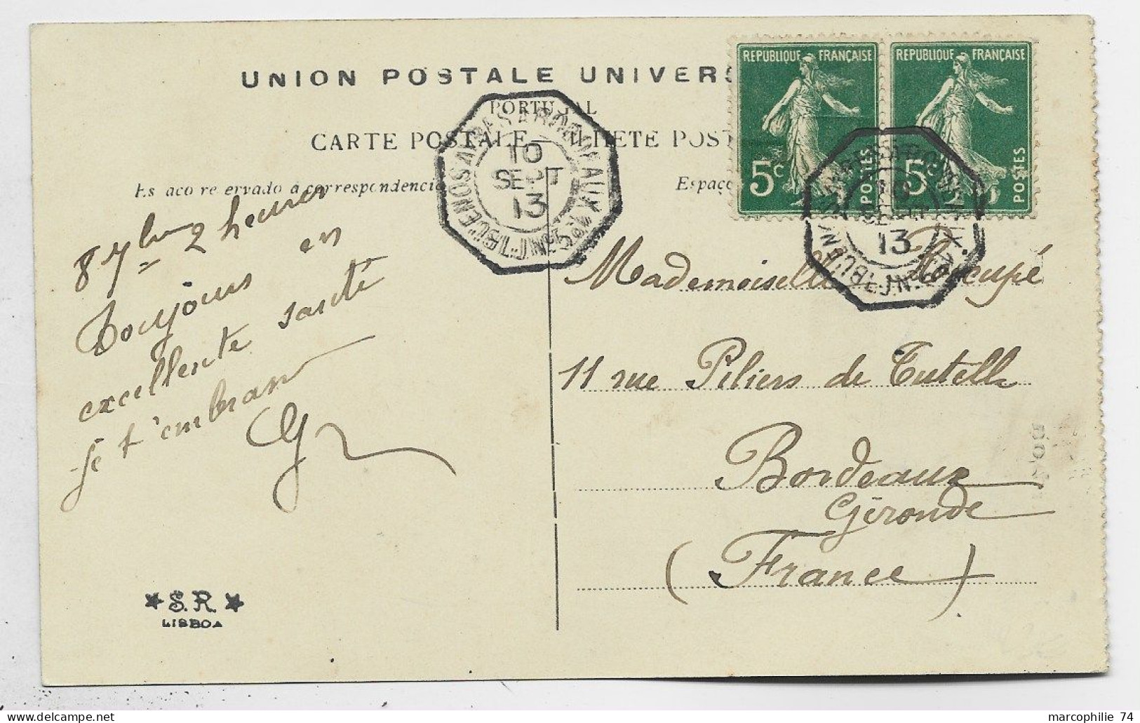 FRANCE SEMEUSE 5CX2 CARTE PORTUGAL MARITIME BUENOZ AYRES A BORDEAUX 1913 - Schiffspost