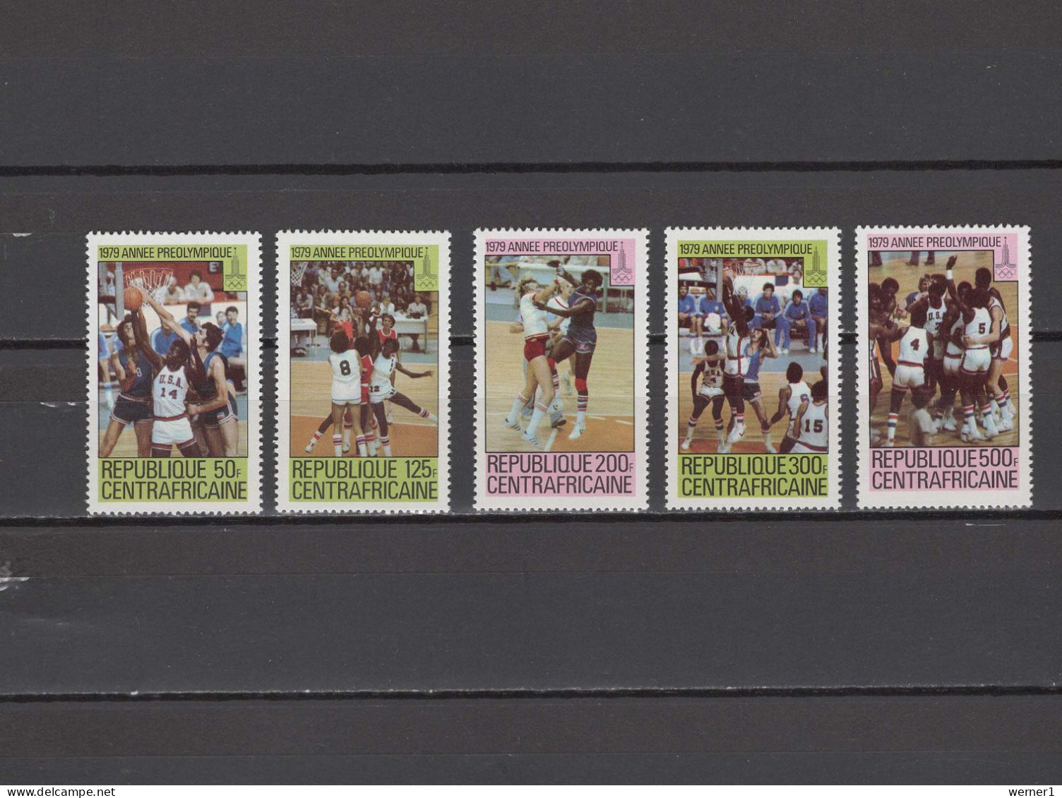 Central Africa 1979 Olympic Games Moscow, Basketball Set Of 5 MNH - Zomer 1980: Moskou