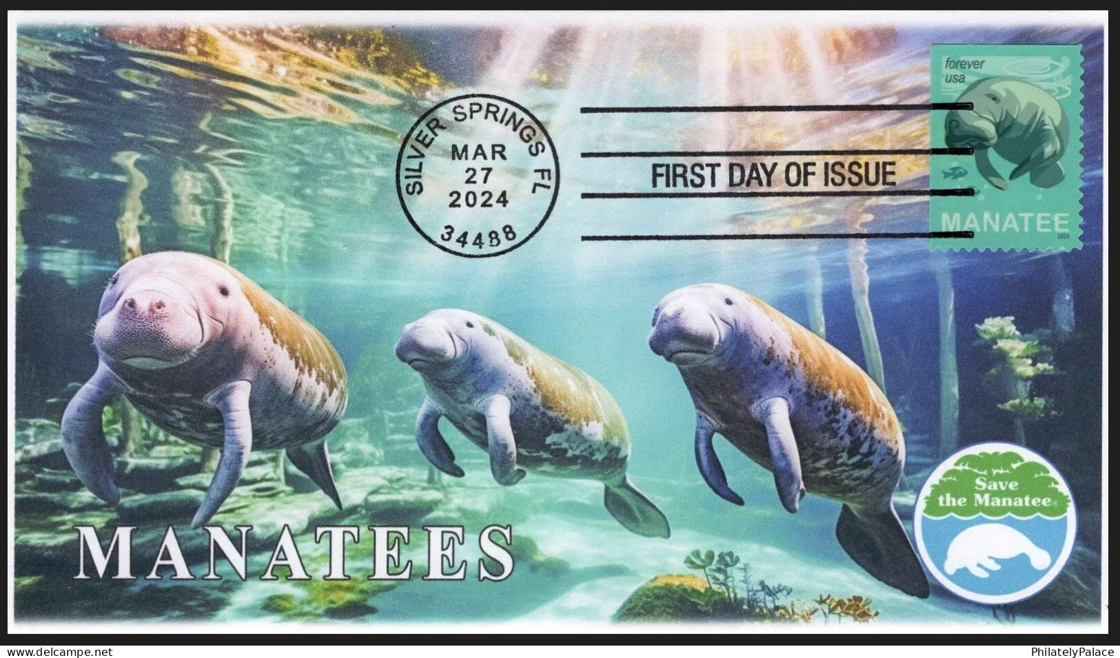 USA 2024 Save Manatees,Fish,Under Water,Herbivorous Marine, Mammal,Sea Cow ,Pictorial Postmark,FDC Cover (**) - Cartas & Documentos