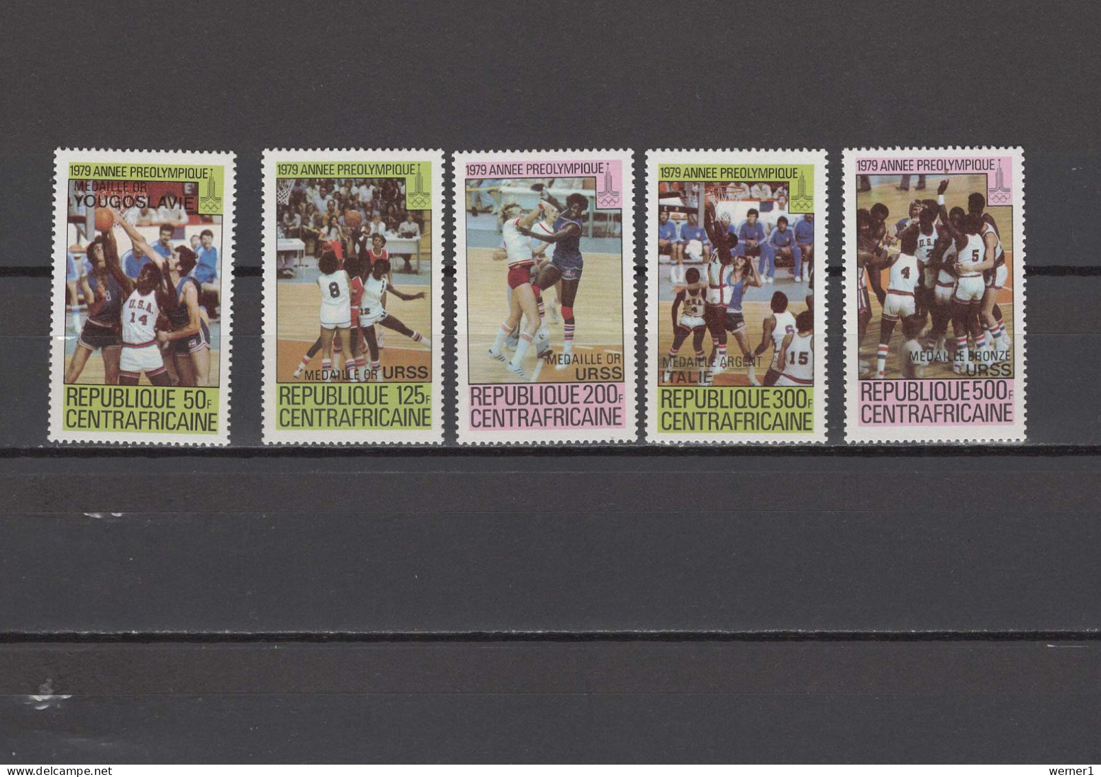 Central Africa 1980 Olympic Games Moscow, Basketball Set Of 5 With Winners Overprint MNH - Estate 1980: Mosca