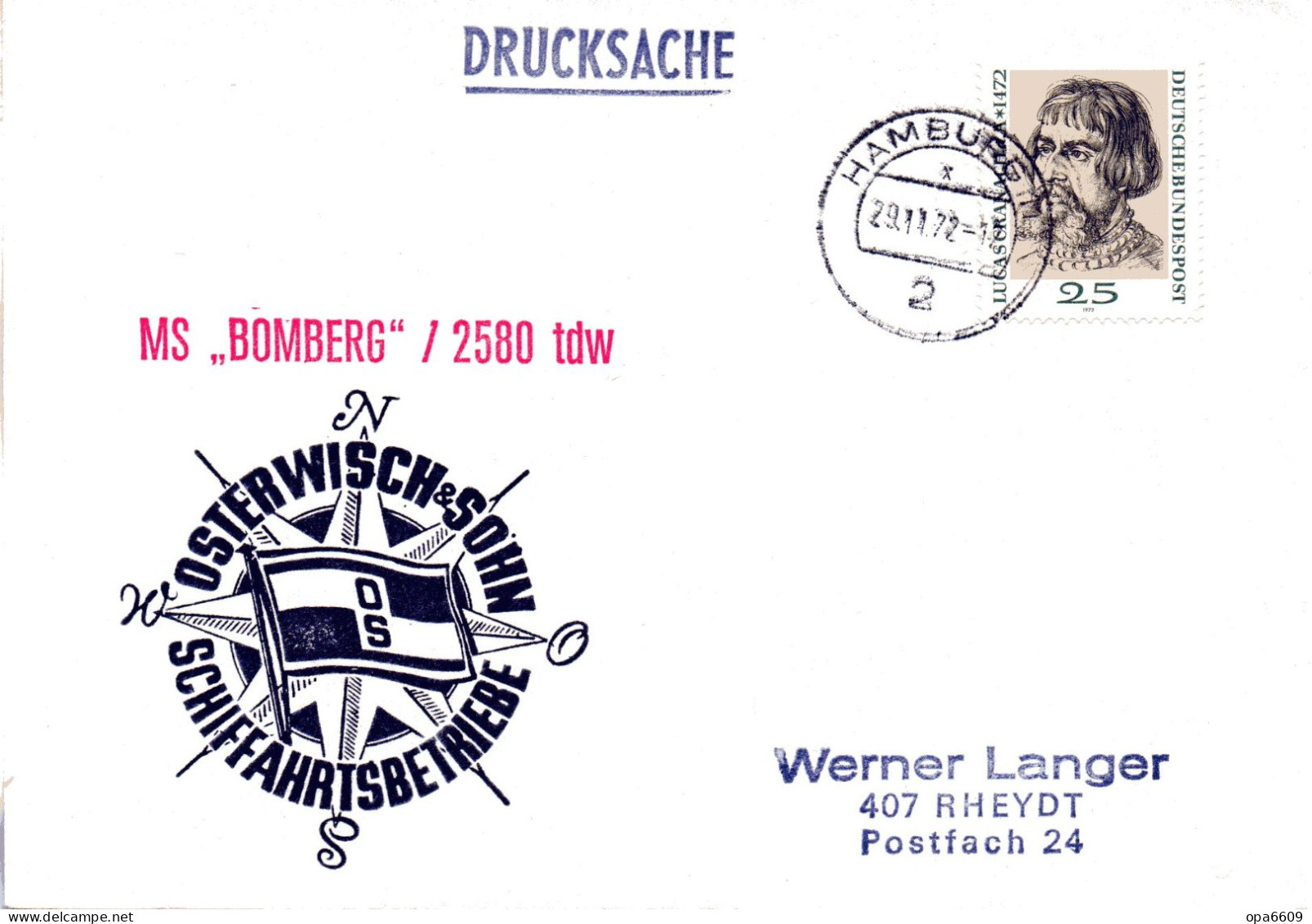 (L 6) Cachetumschlag "SCHIFFAHRTSBETRIEBE OSTERWISCH&SOHN - MS. "BOMBERG"/2580 Tdw - EF BRD TST 29.11.72 HAMBURG - Marittimi