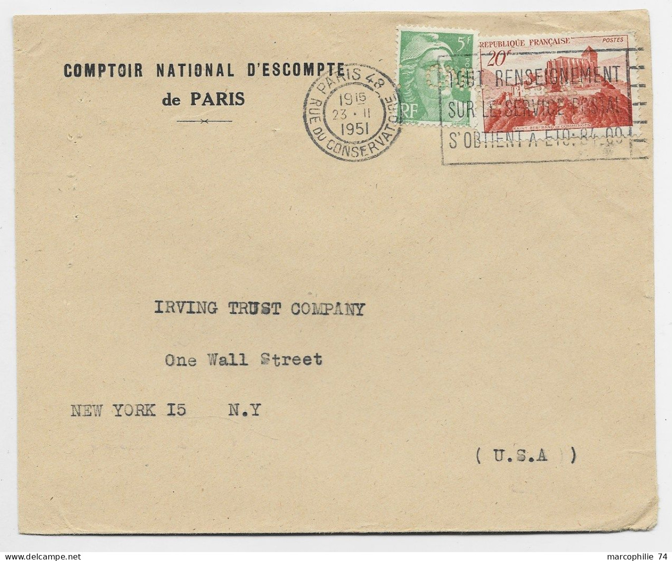 N°841A + GANDON 5FR VERT  LETTRE PERFORE CNE PARIS 1951  USA AU TARIF - Brieven En Documenten