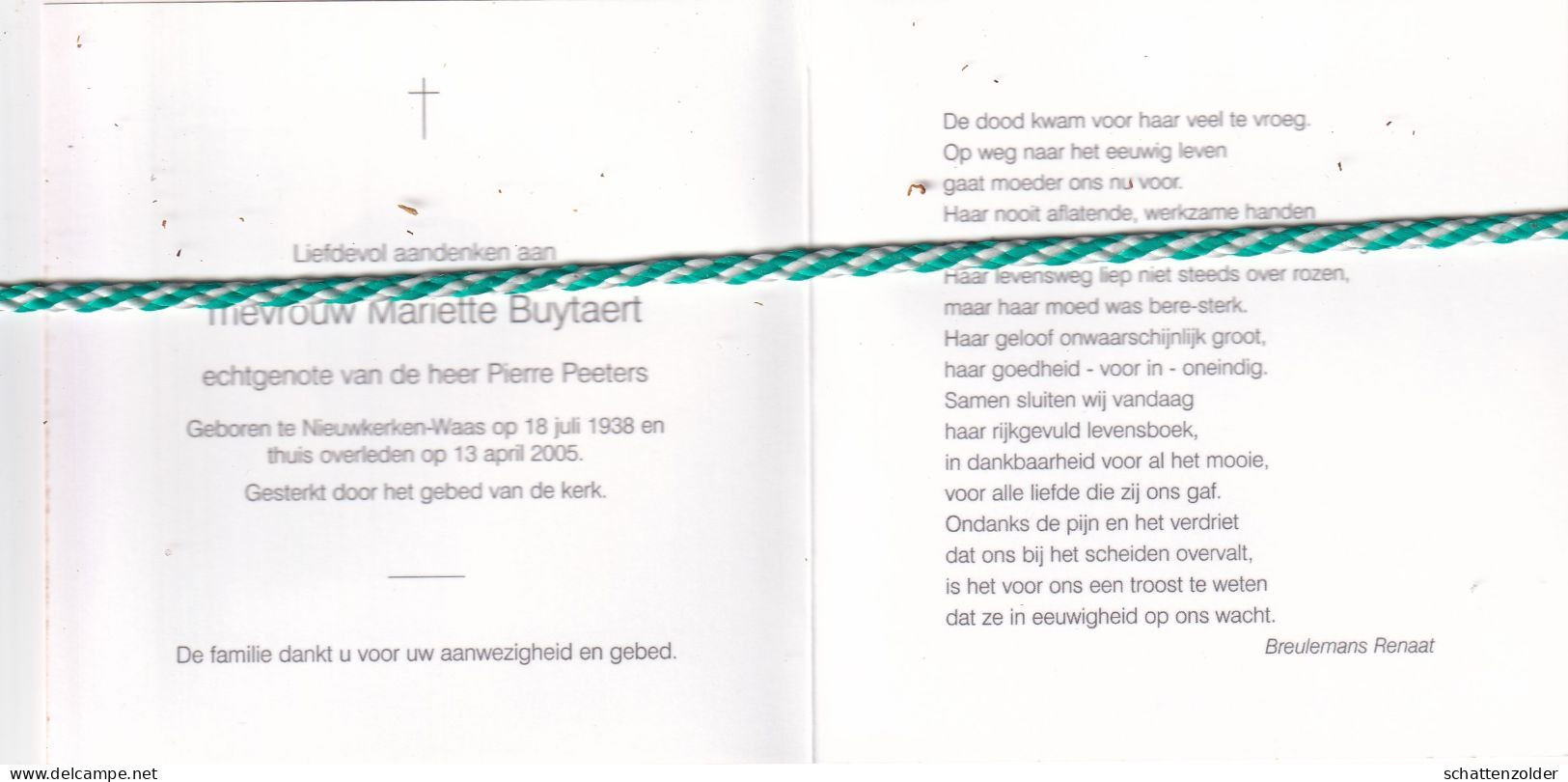 Mariette Buytaert-Peeters, Nieuwkerken-Waas 1938, 2005. Foto - Obituary Notices