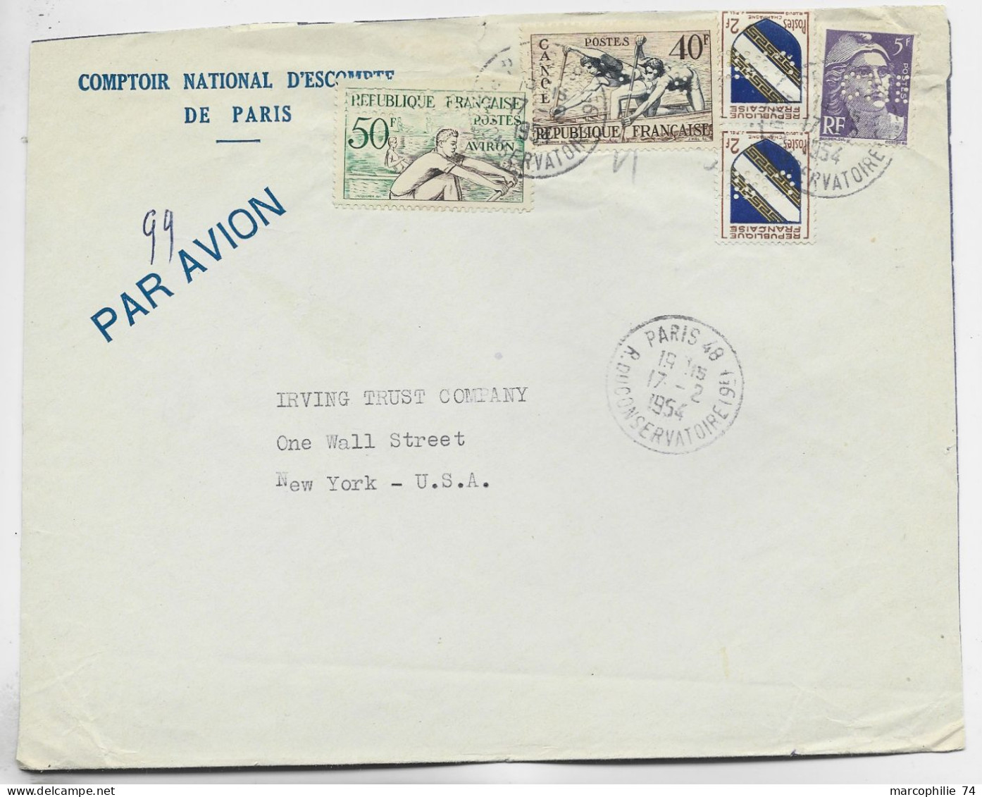 40FR CANOE +50FR AVIRON + BLASON 2FRX2+ 5FR GANDON   LETTRE AVION PERFORE CNE PARIS 17.2.1954   USA AU TARIF - Briefe U. Dokumente