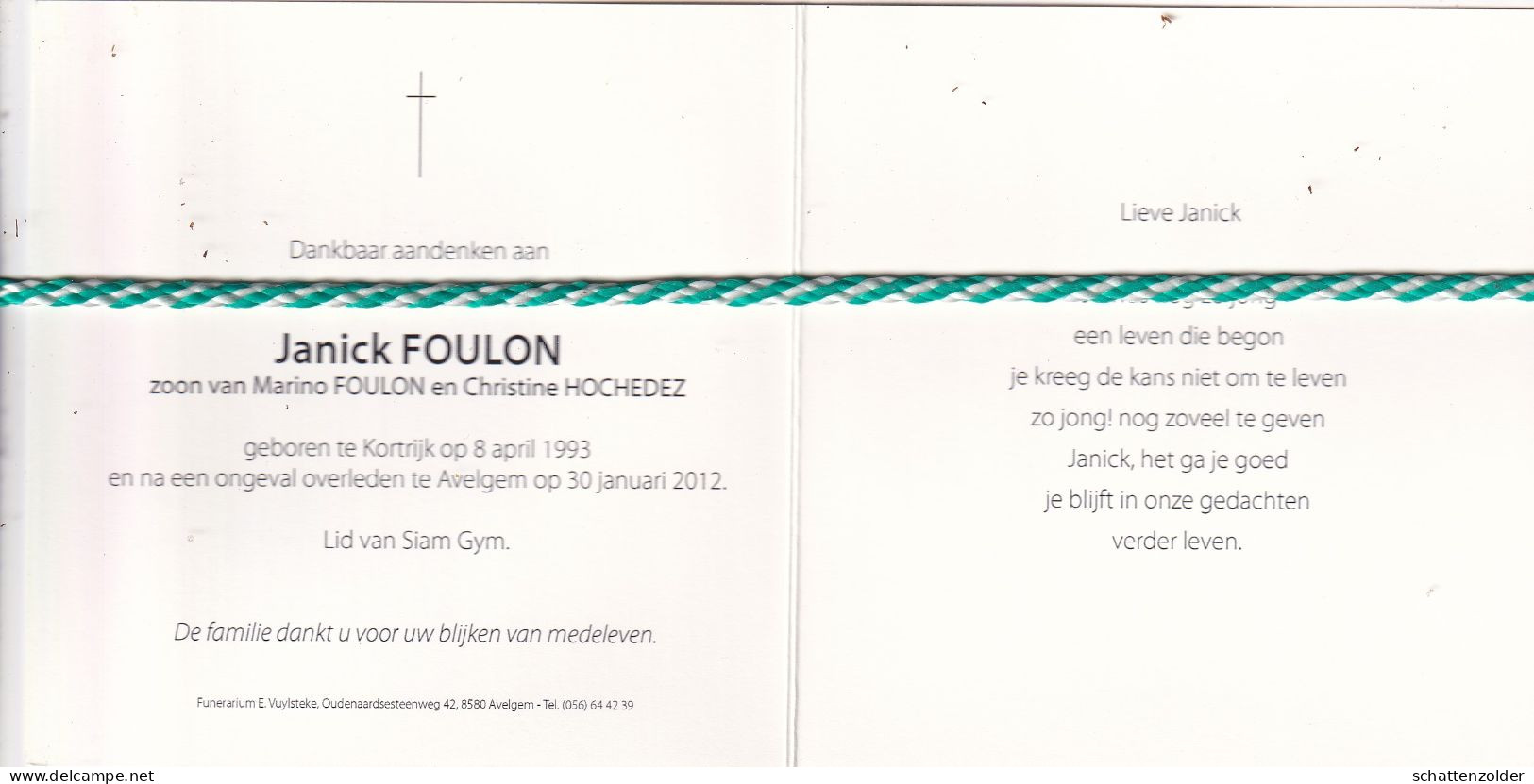 Janick Foulon, Kortrijk 1993, Avelgem 2012. Foto - Overlijden