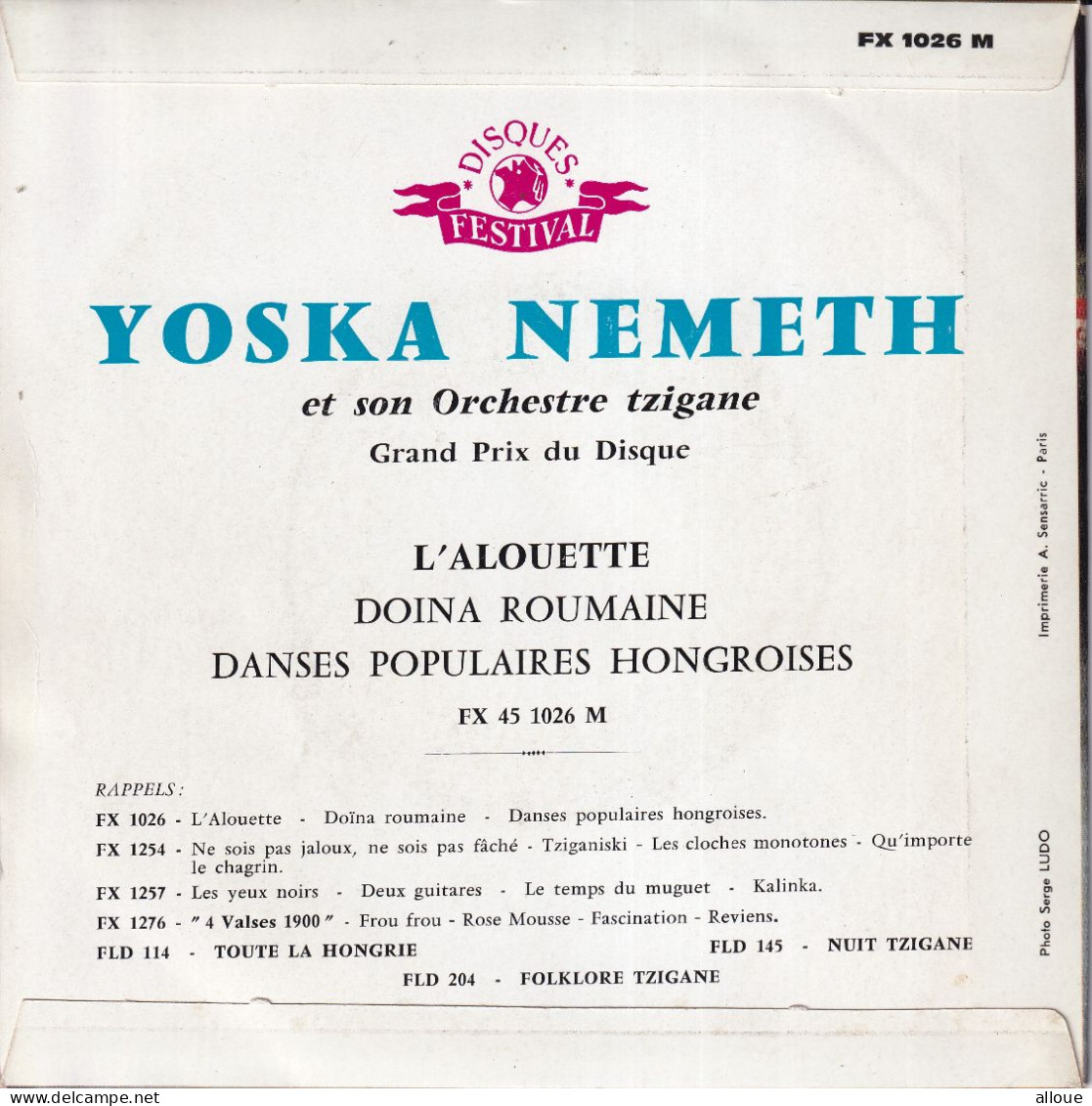 YOSKA NEMETH ET SON ORCHESTRE TZIGANE - FR EP - L'ALOUETTE + 2 - Wereldmuziek