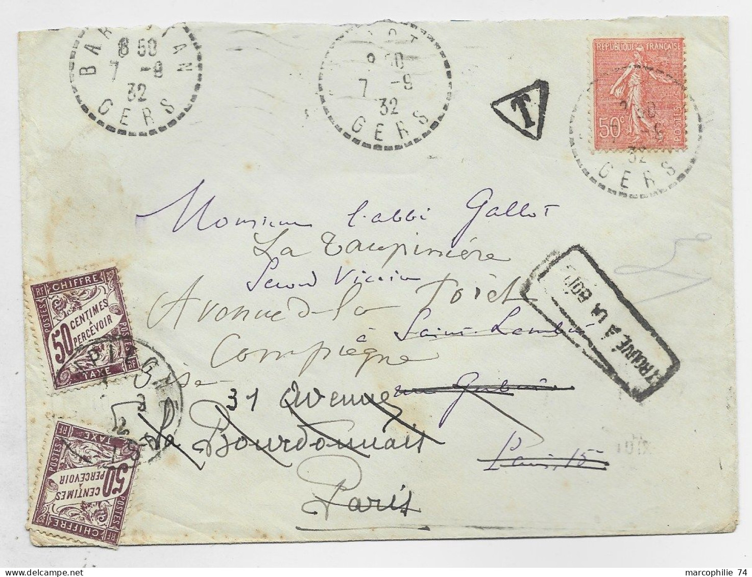 FRANCE SEMEUSE 50C LETTRE C. PERLE BARBOTAN 7.9.1932 GERS POUR PARIS REEX PARIS TAXE 50CX2 - 1859-1959 Covers & Documents