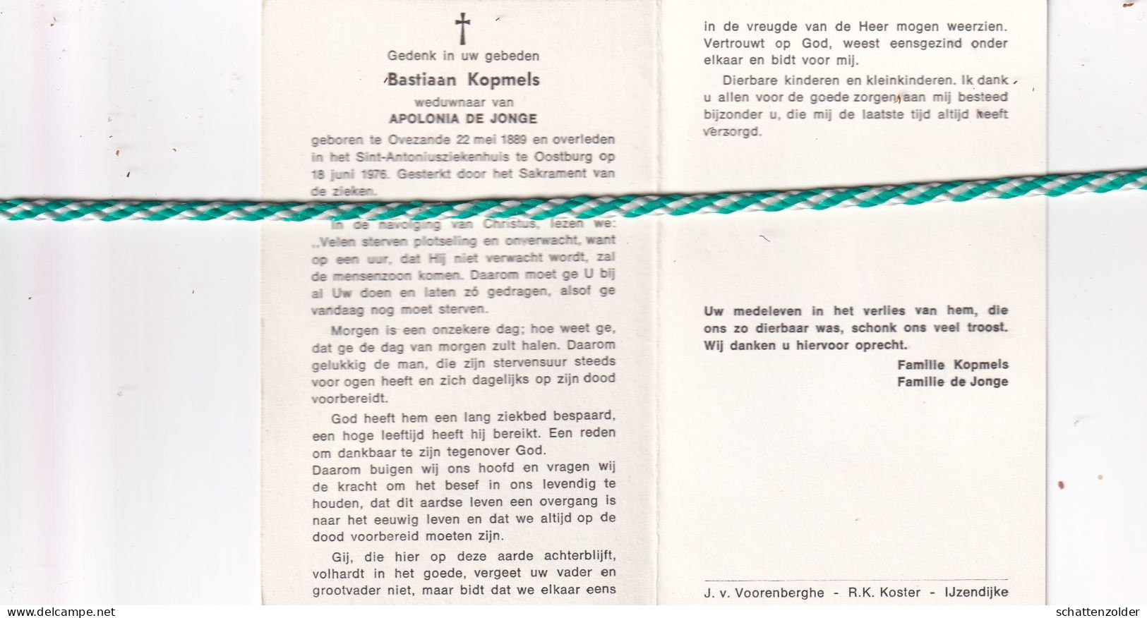 Bastiaan Kopmels-De Jonge, Ovezande 1889, Oostburg 1976 - Obituary Notices