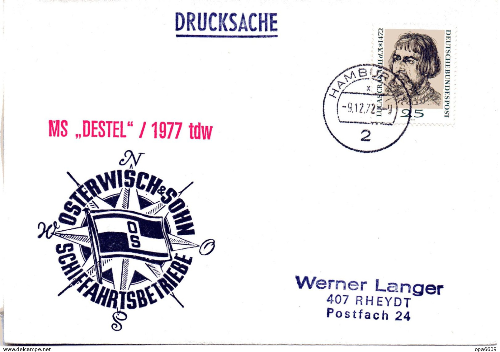 (L 6) Cachetumschlag "SCHIFFAHRTSBETRIEBE OSTERWISCH&SOHN - MS. "DESTEL"/1977 Tdw - EF BRD TST 9.12.72 HAMBURG - Marítimo