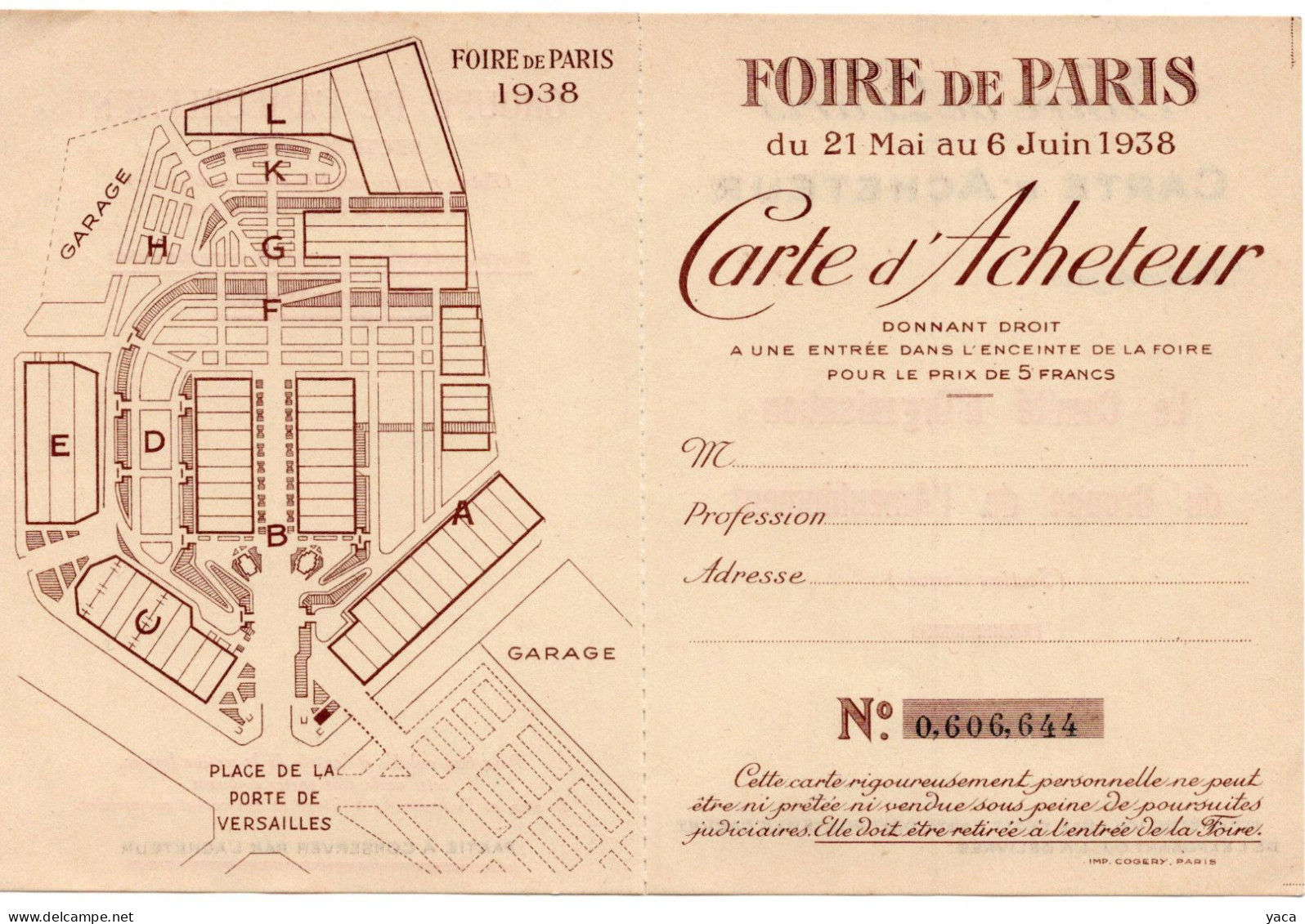 Foire De Paris 1938 - Carte Acheteur - Tickets - Vouchers