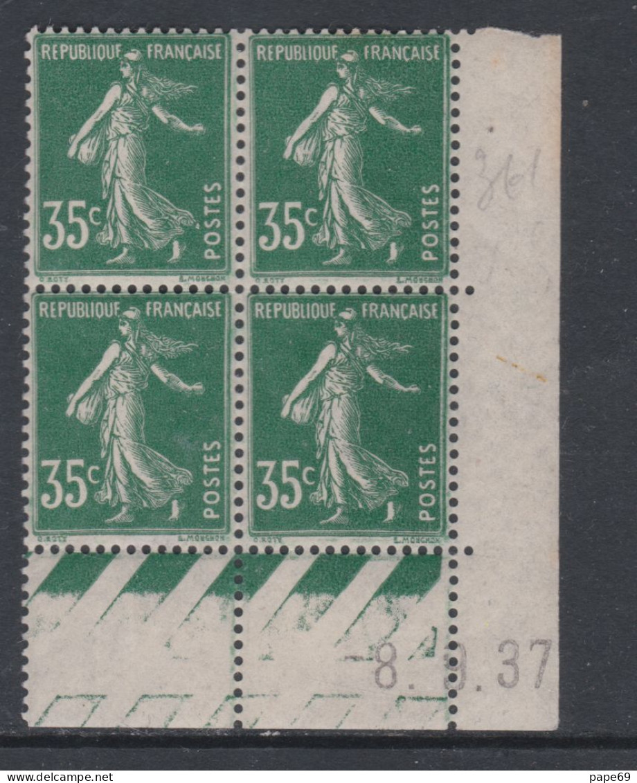 France N° 361 XX Type Semeuse 35 C. Vert En Bloc De 4 Coin Daté Du 8 . 9 . 37 ; Gomme Altérée, Ss Charnière , TB - 1930-1939