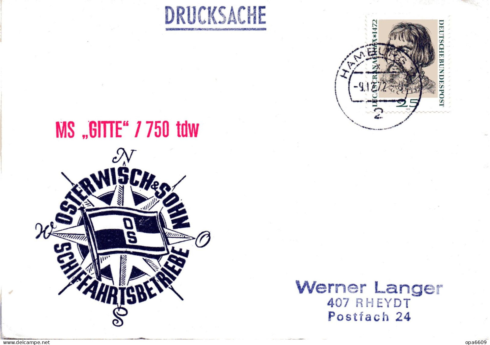 (L 6) Cachetumschlag "SCHIFFAHRTSBETRIEBE OSTERWISCH&SOHN - MS. "GITTE"/750 Tdw - EF BRD TST 9.12.72 HAMBURG - Marittimi