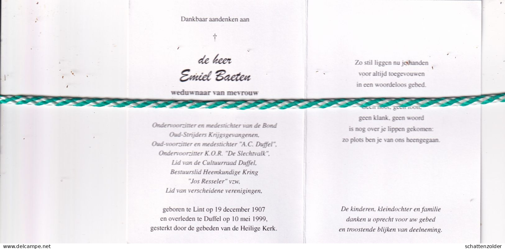 Emiel Baeten-Van Slagmolen, Lint 1907, Duffel 1999. Foto - Obituary Notices