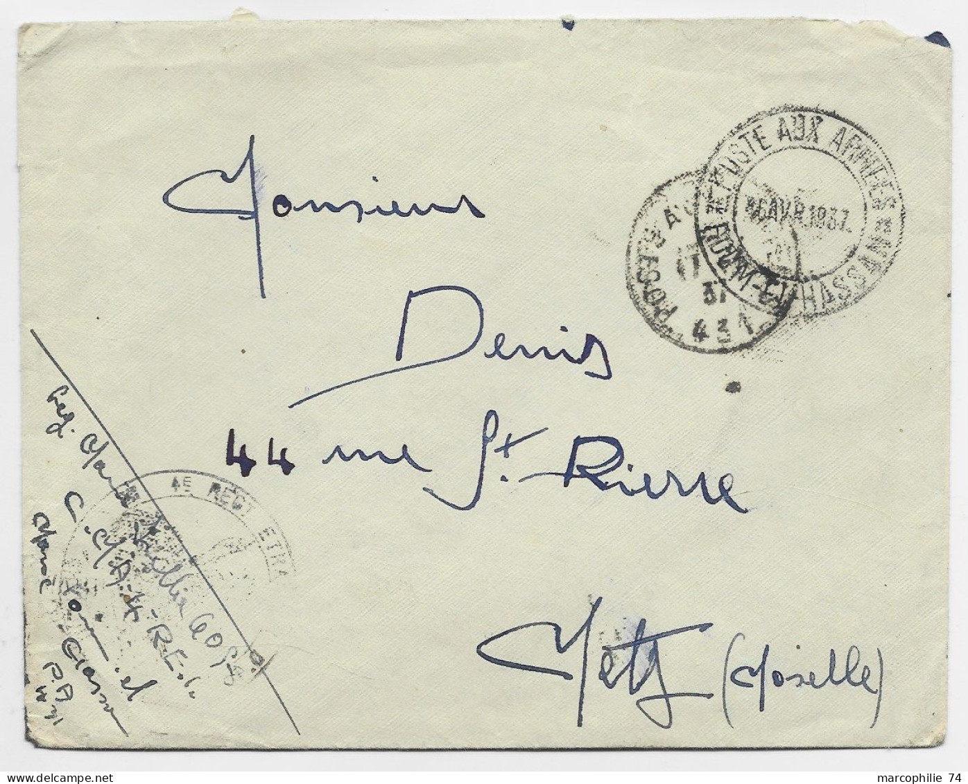 LETTRE FM POSTE AUX ARMEES FOUM HASSAN + POSTE AUX ARMEES 431 1937 POUR METZ - Militaire Stempels Vanaf 1900 (buiten De Oorlog)