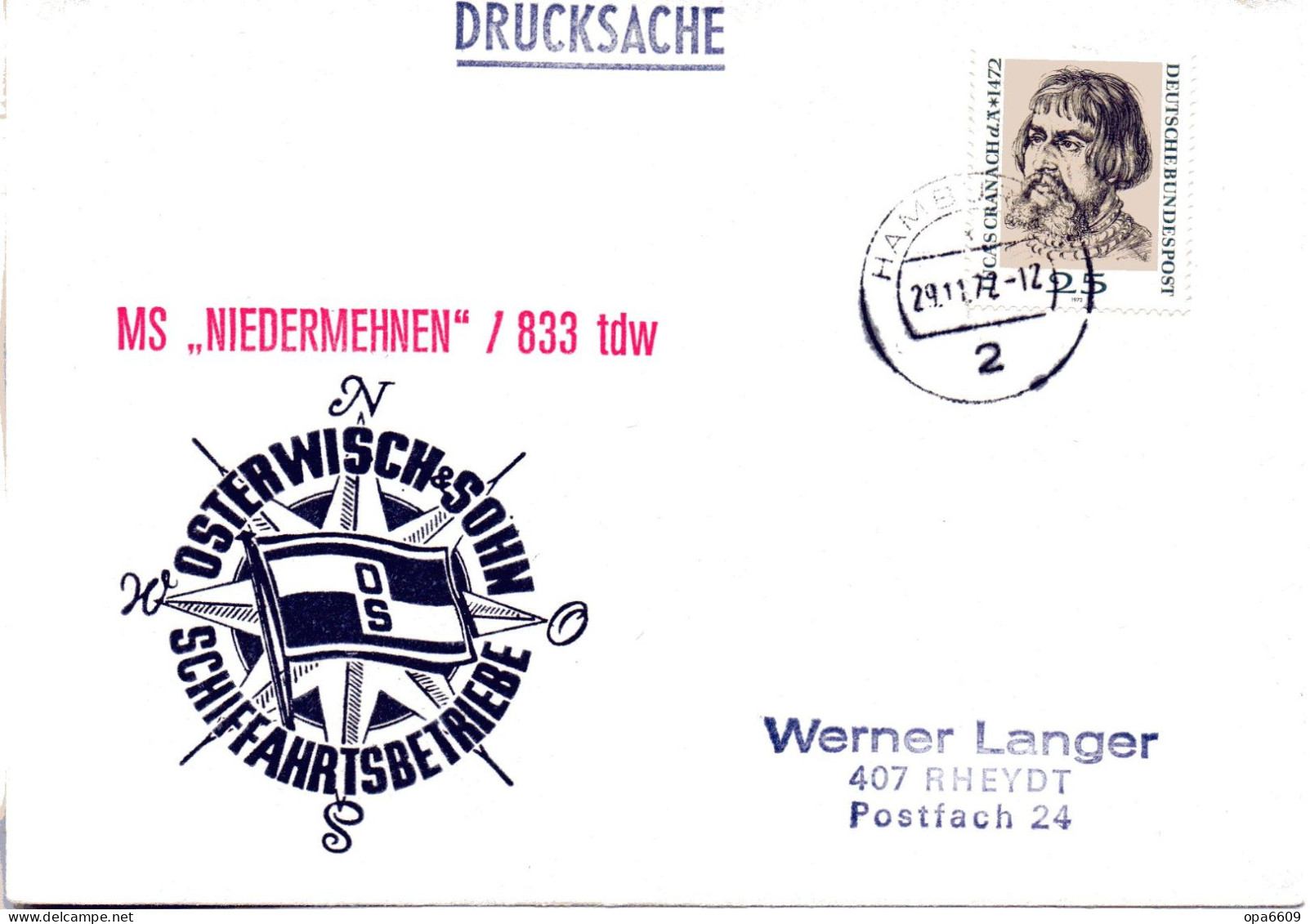 (L 6) Cachetumschlag "SCHIFFAHRTSBETRIEBE OSTERWISCH&SOHN - MS. "NIEDERMEHNEN"/833 Tdw - EF BRD TST 29.11.72 HAMBURG - Marittimi