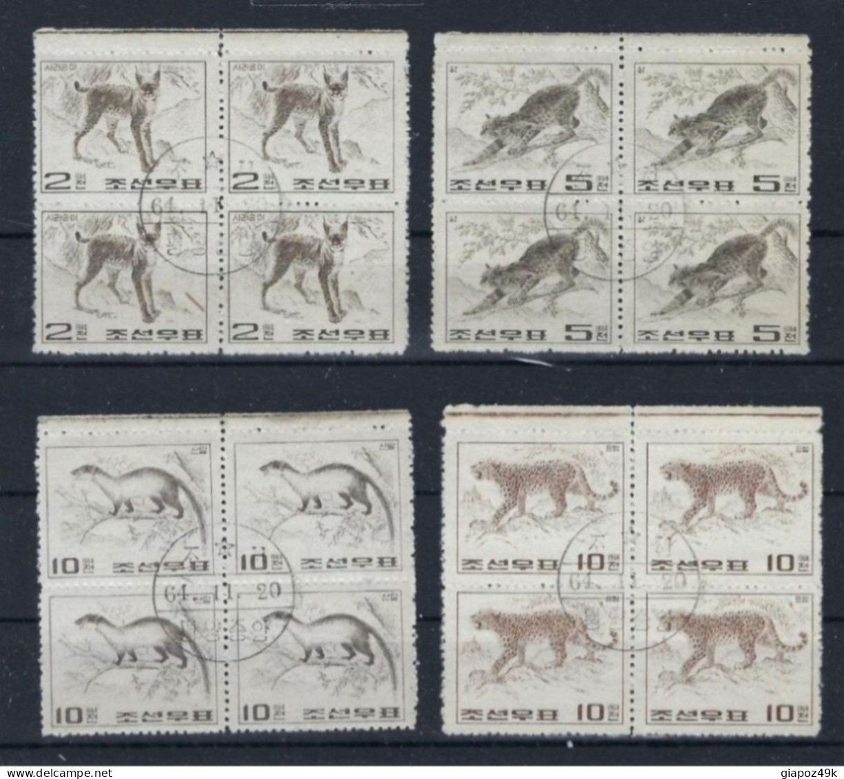 ● NORD K 1965 ֍ Animali Selvatici  545 / 548 ● Lince, Gatto, Leopardo, Martora ● QUARTINE Annullo Centrale ● 2001 ● - Korea (Nord-)