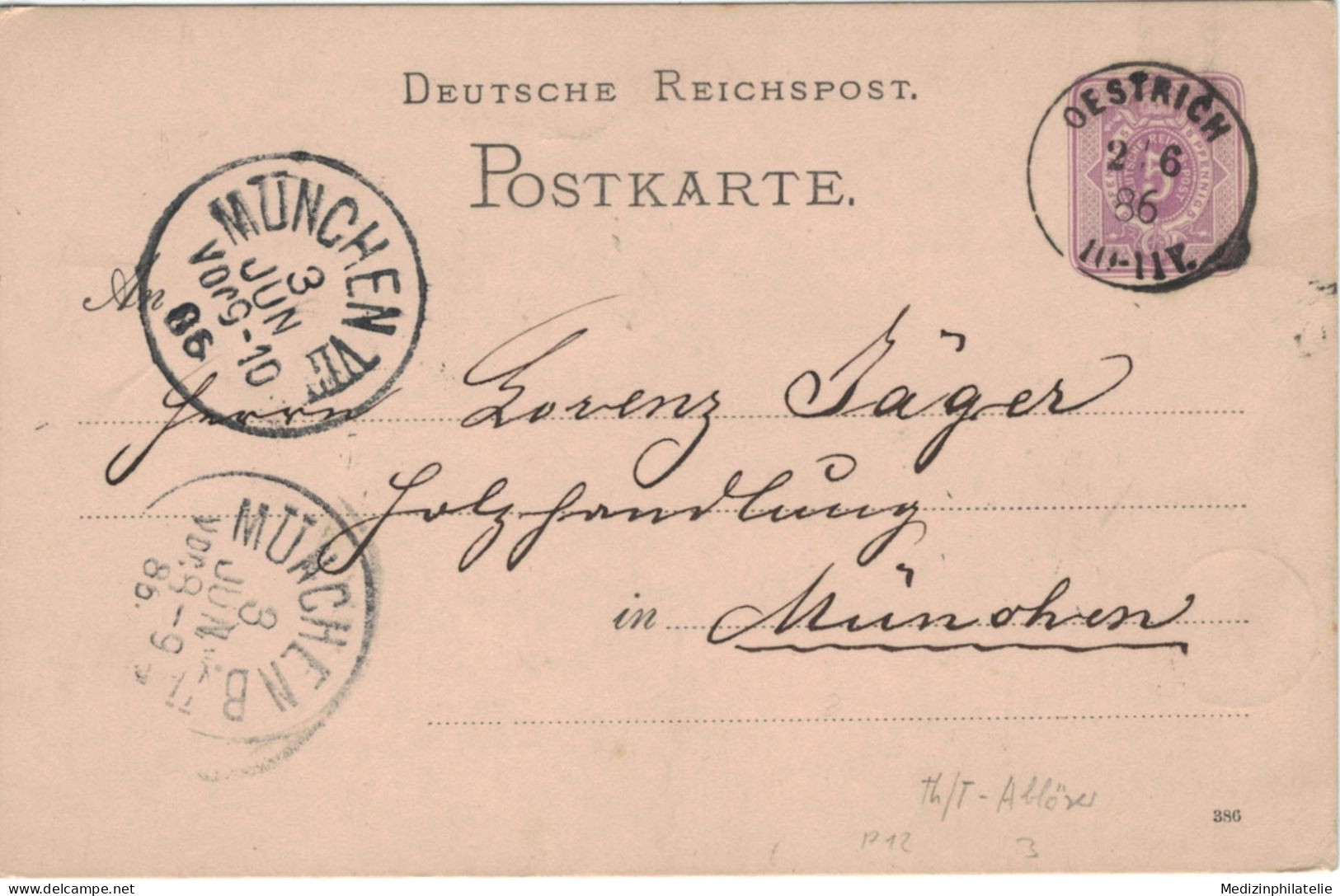 Ganzsache 5 Pfennig - Oestrich 1886 > Lorenz Jäger Holzhandlung München - Cartes Postales