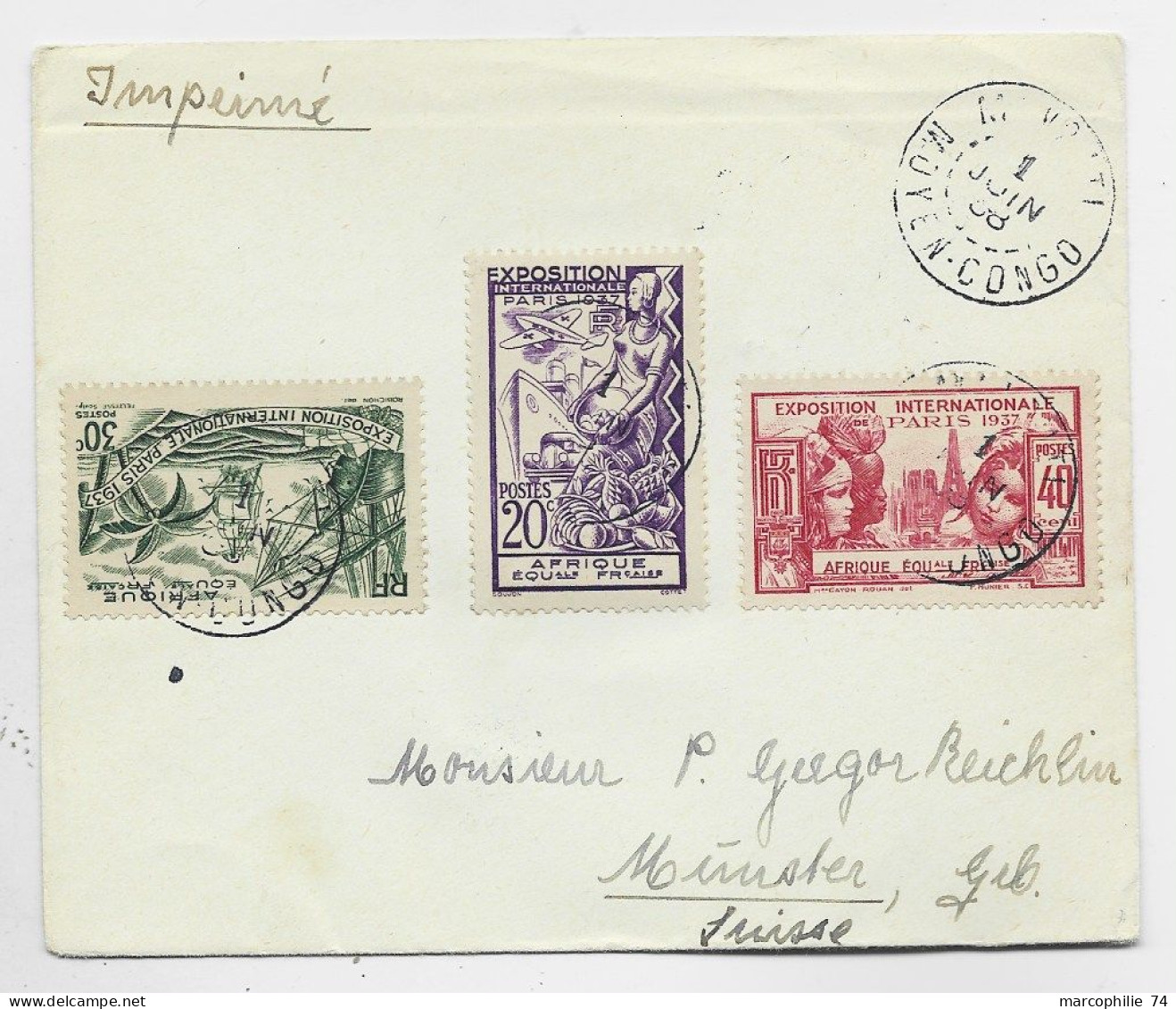 AEF 20C+30C+40C EXPO INTERNATIONALE LETTRE COVER M BOTI 1 JUIN 1938 MOYEN CONGO POUR SUISSE - Storia Postale