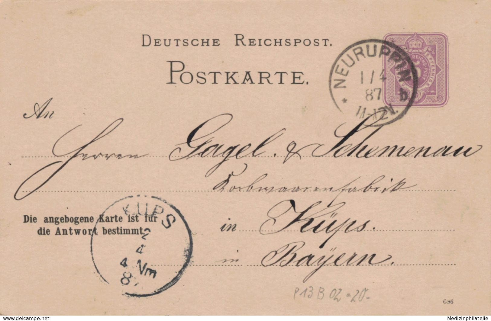 Ganzsache 5 Pfennig Antwortkarte - Neuruppin 1887 > Gagel & Schemenau Korbwaren Küps - Briefkaarten