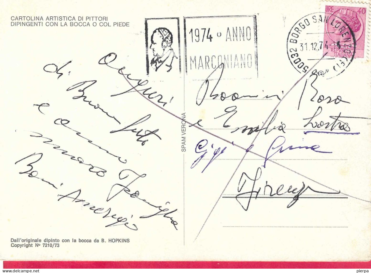 BUON NATALE - LA NATIVITA' - DIS. HOPKINS - VIAGGIATA 1974 DA SAN LORENZO- ANNULLO A TARGHETTA MARCONIANO - Other & Unclassified