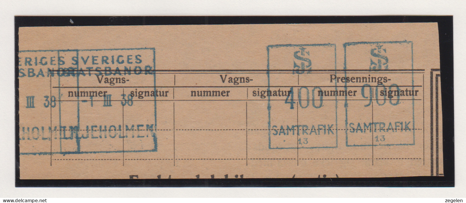 Zweden Spoorwegzegel Cat Svenska Järnvägsfraktmärken; Lijn S.J. Statens Järnvägar  Fragment Met Machinale Frankering - Altri & Non Classificati