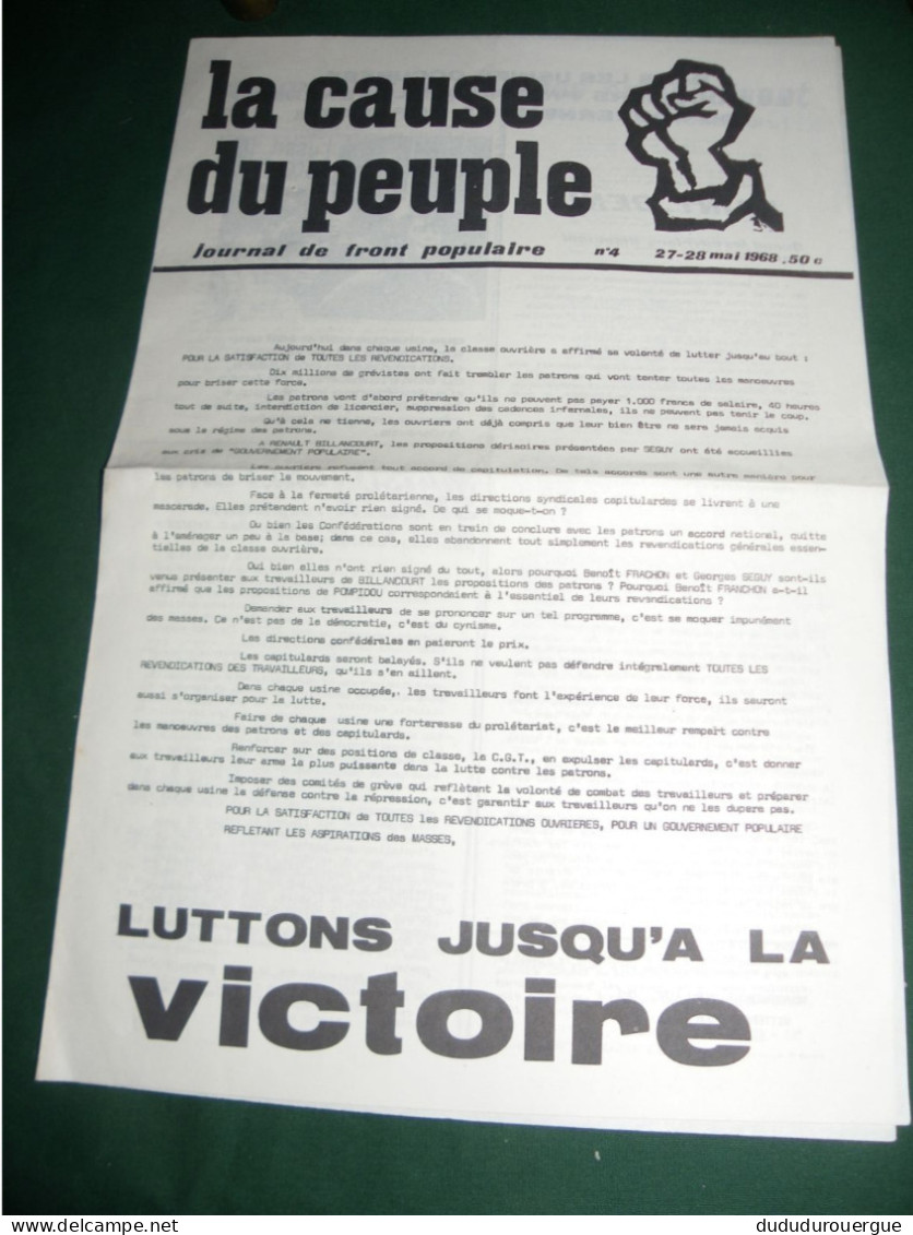 MAI 1968 : " LA CAUSE DU PEUPLE " LE N °4 DU 27 / 28 MAI 1968 , JOURNAL DE FRONT POPULAIRE - 1950 - Oggi